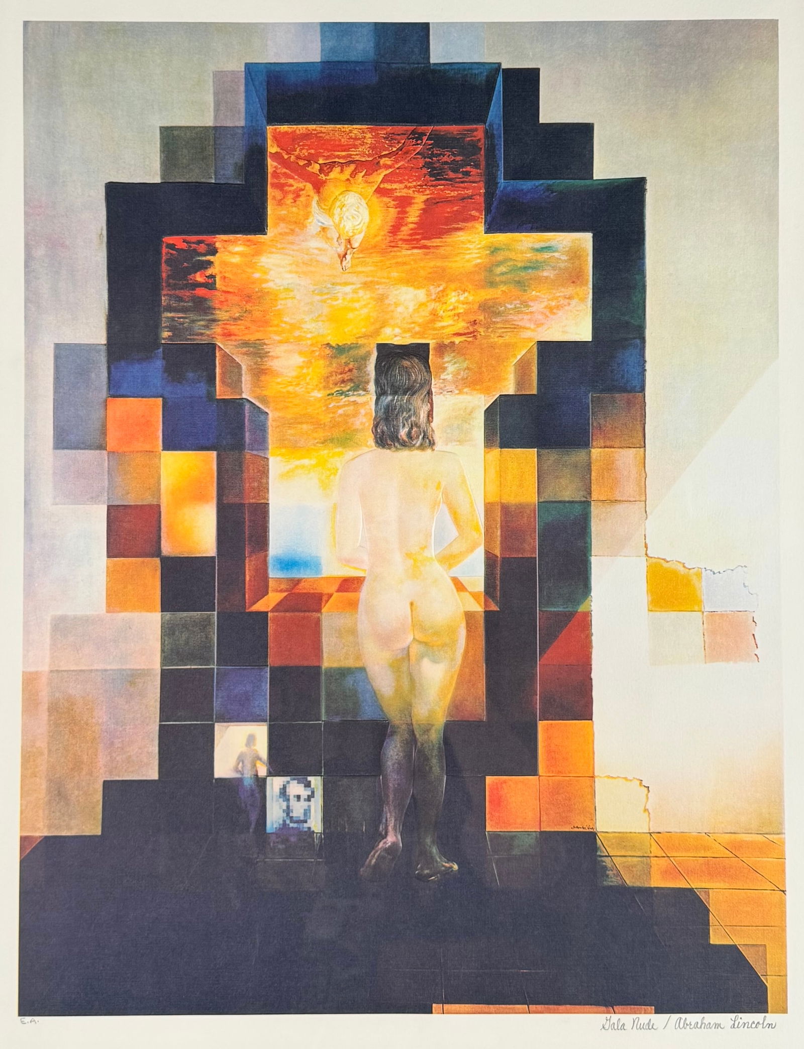Lincoln in Dalivision by Salvador Dalí Offset Lithograph with Embossing 18x24": Offset Lithograph with Embossing titled Lincoln in Dalivision (aka Gala Nude aka Abraham Lincoln) by Salvador Dali. Inscribed 'EA' lower left and titled on lower right. Framed 27"x34" with COA on back