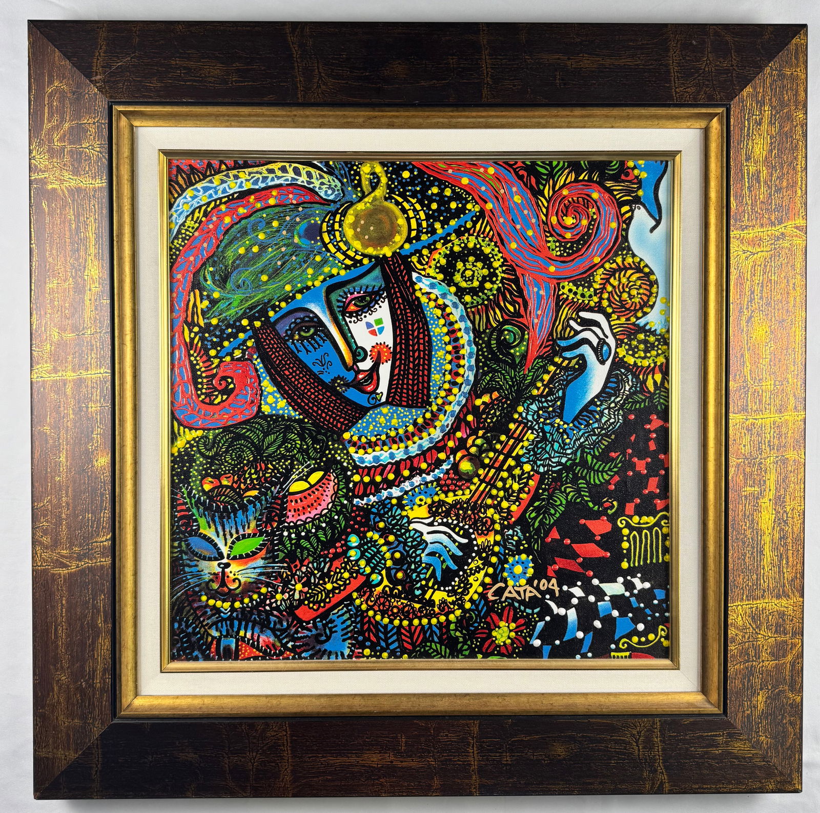 Hector Cata Signed 2004 Mixed Media Painting on Canvas 15"x15": Signed mixed media painting on canvas by Hector Cata dated 2004. The composition depicts a stylized figure with guitar