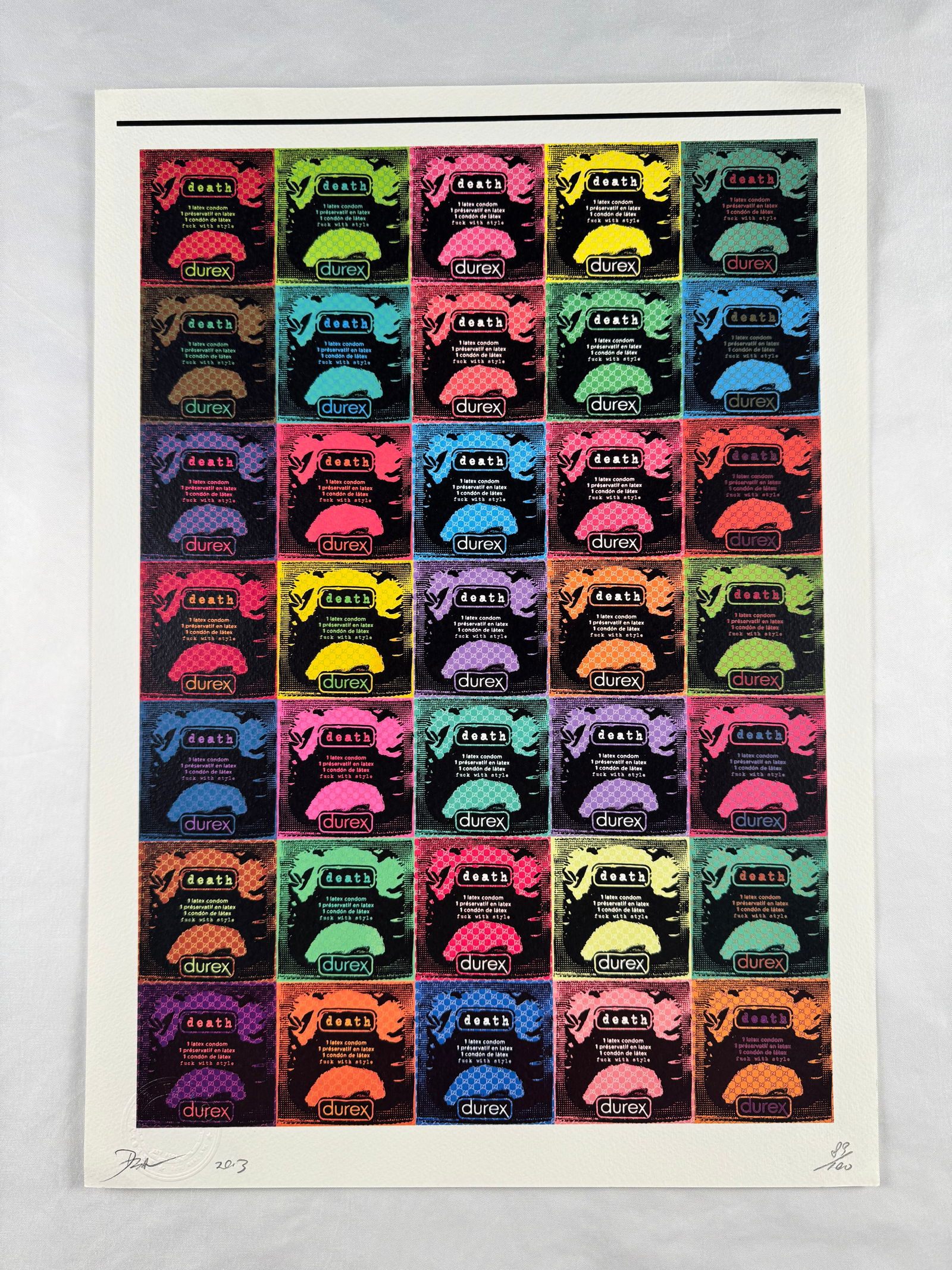 Death Durex by Death NYC Signed Limited Edition Screenprint 89/100: Limited edition screenprint by Death NYC. Signed and dated 2013 with edition numbering visible in the margin.