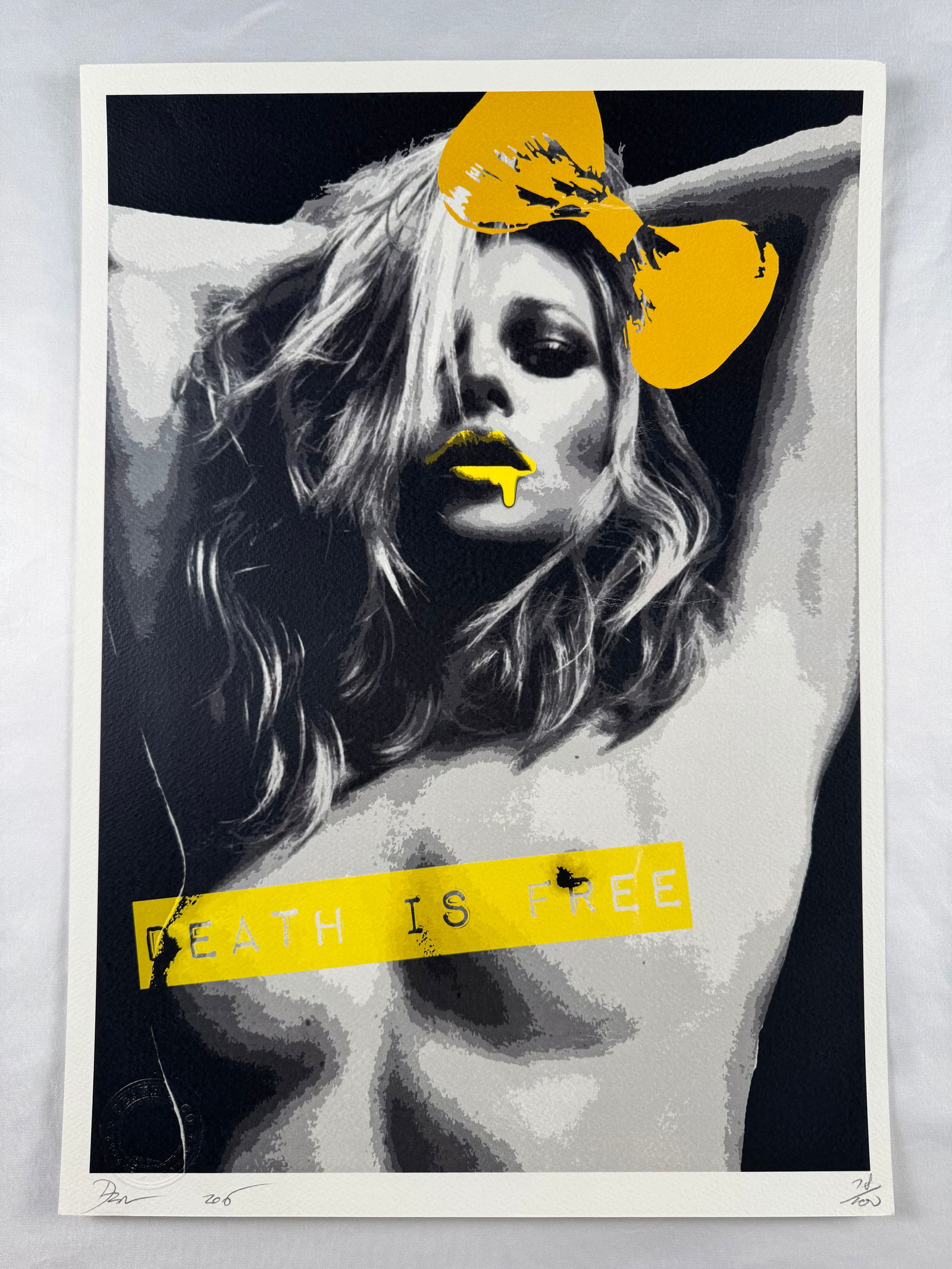 Yellow Death is Free by Death NYC Signed Limited Edition Screenprint 78/100: Limited edition screenprint by Death NYC. Signed and dated 2013 with edition numbering visible in the margin.