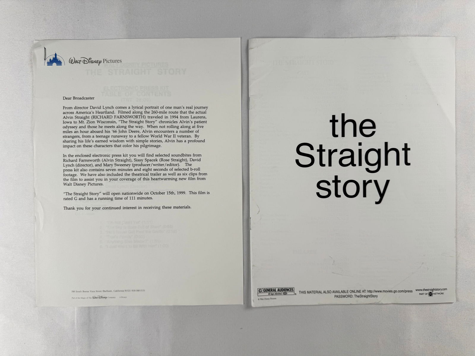 The Straight Story Walt Disney Pictures Press Kit: Press kit for the film The Straight Story issued by Walt Disney Pictures. Includes printed promotional and informational materials for press distribution.
