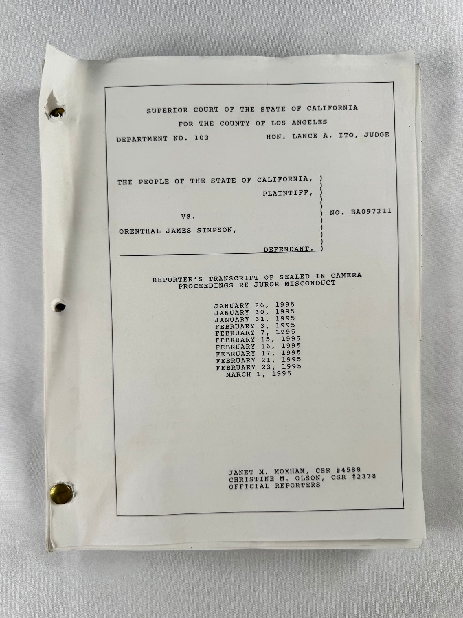 People of the State of California vs OJ Simpson Sealed Juror Misconduct Transcript 1995 (1 of 4)