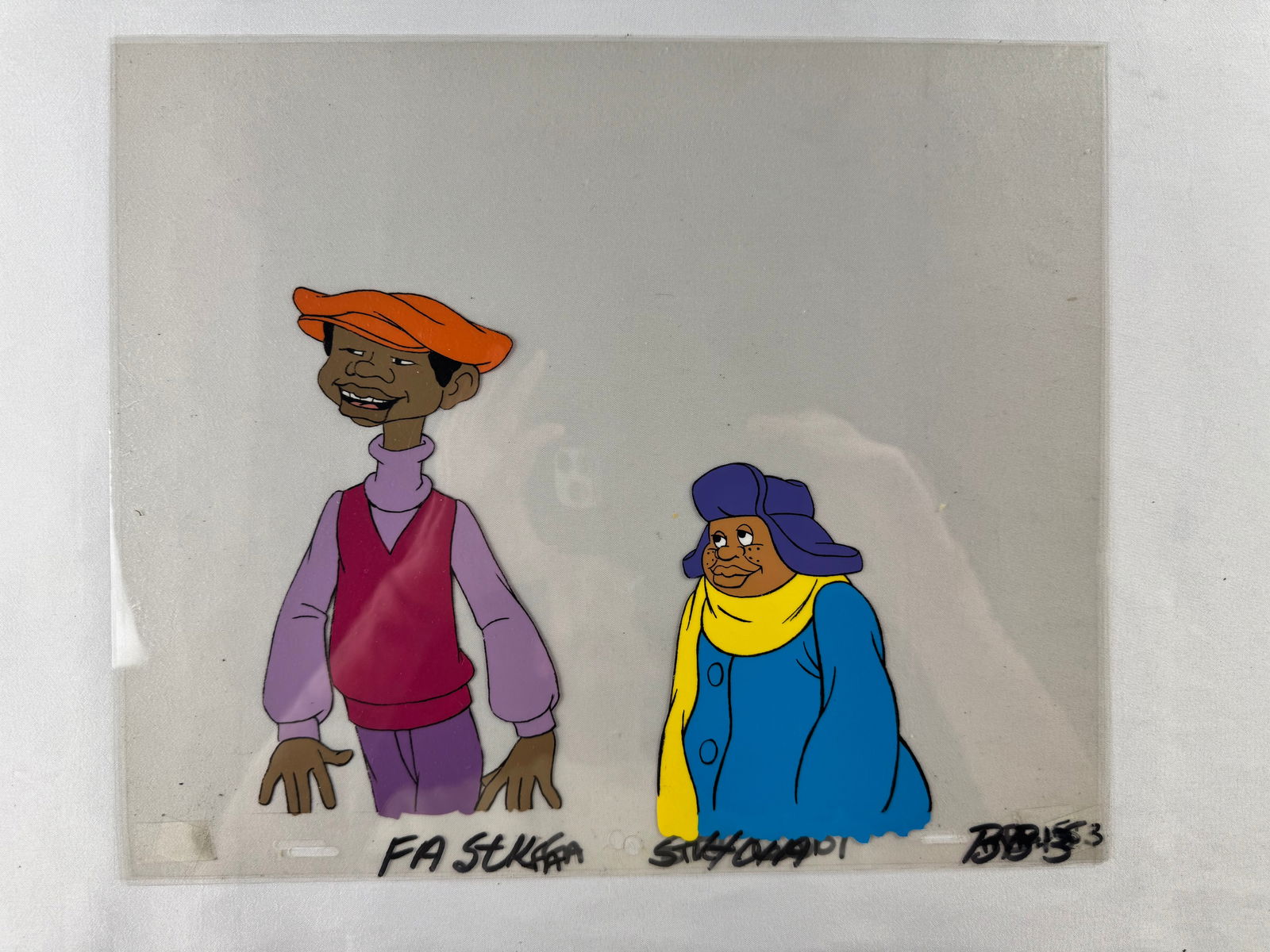Fat Albert and the Cosby Kids Mushmouth Weird Harold Production Cel: Hand-painted animation cel depicting Mushmouth and Weird Harold from Fat Albert and the Cosby Kids. The animated television series originally aired from 1972 to 1985.
