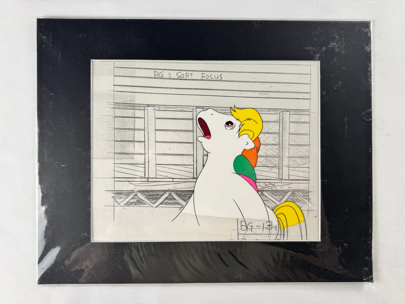 My Little Pony Animation Production Cel Group Scene: Hand-painted animation cel depicting multiple pony characters from My Little Pony. Includes painted foreground characters on clear acetate.