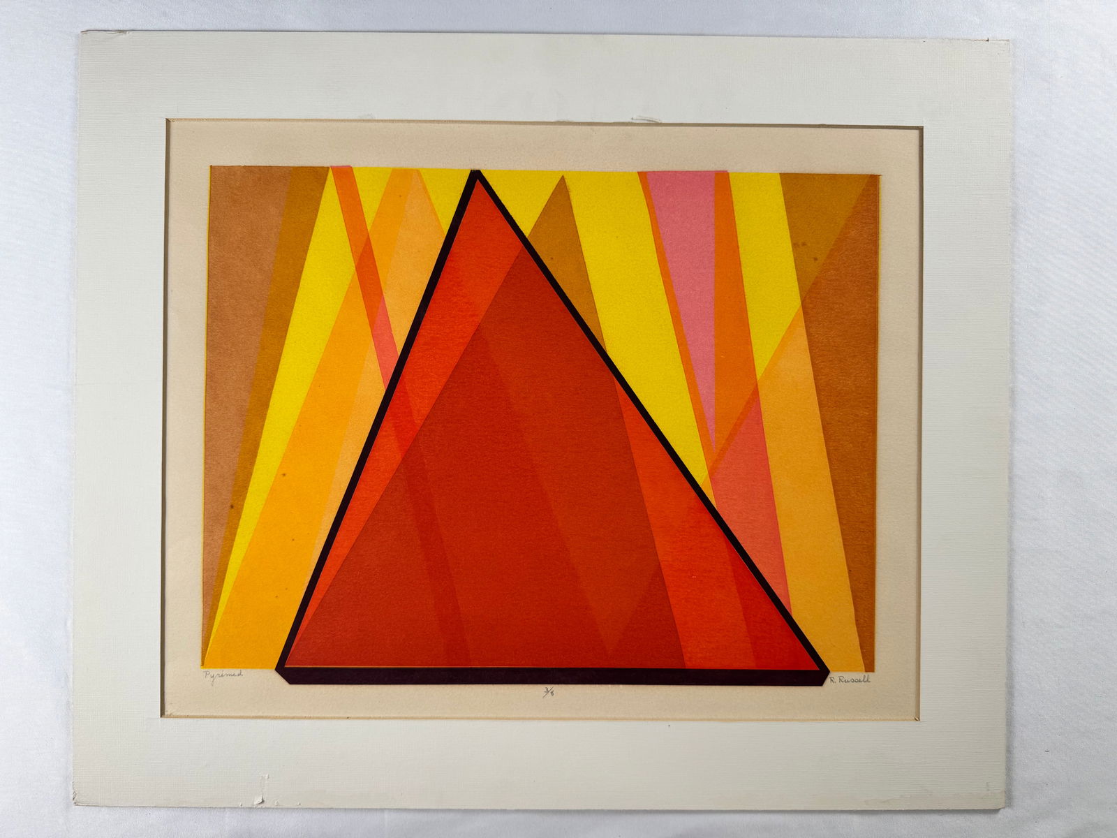 R. Russell “Pyramid?? Abstract Geometric Print Signed and Numbered 3/6: Abstract geometric print titled “Pyramid,” featuring layered triangular forms in red, yellow, and orange tones. Signed R. Russell and numbered 3/6 in pencil along the lower margin.