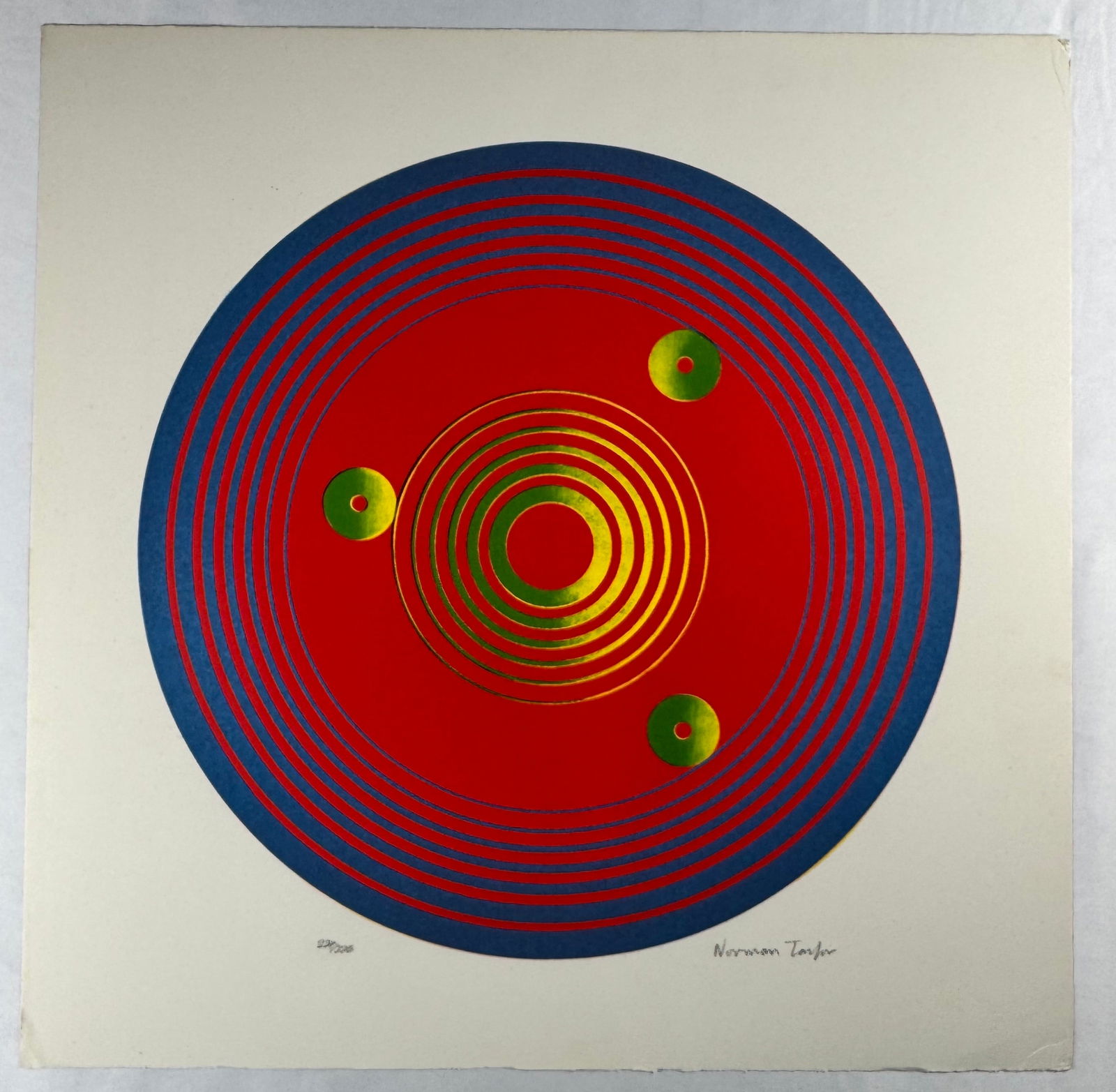 Norman Tolbert Abstract Circular Composition Print, Signed and Numbered 22/275: Abstract color print featuring concentric circular forms in red, blue, green, and yellow. Signed Norman Tolbert in pencil and numbered 22/275 along the lower margin.