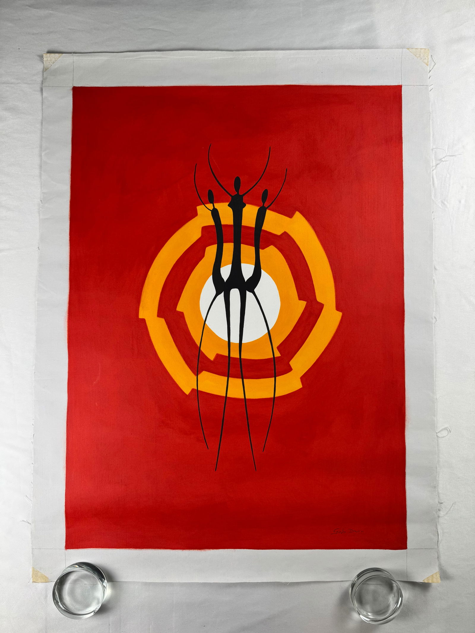 Gab Duru Abstract Figural Silkscreen Print: Silkscreen print by Gab Duru depicting elongated abstract figures against a red and yellow circular background. Image is printed on paper with visible margins.
