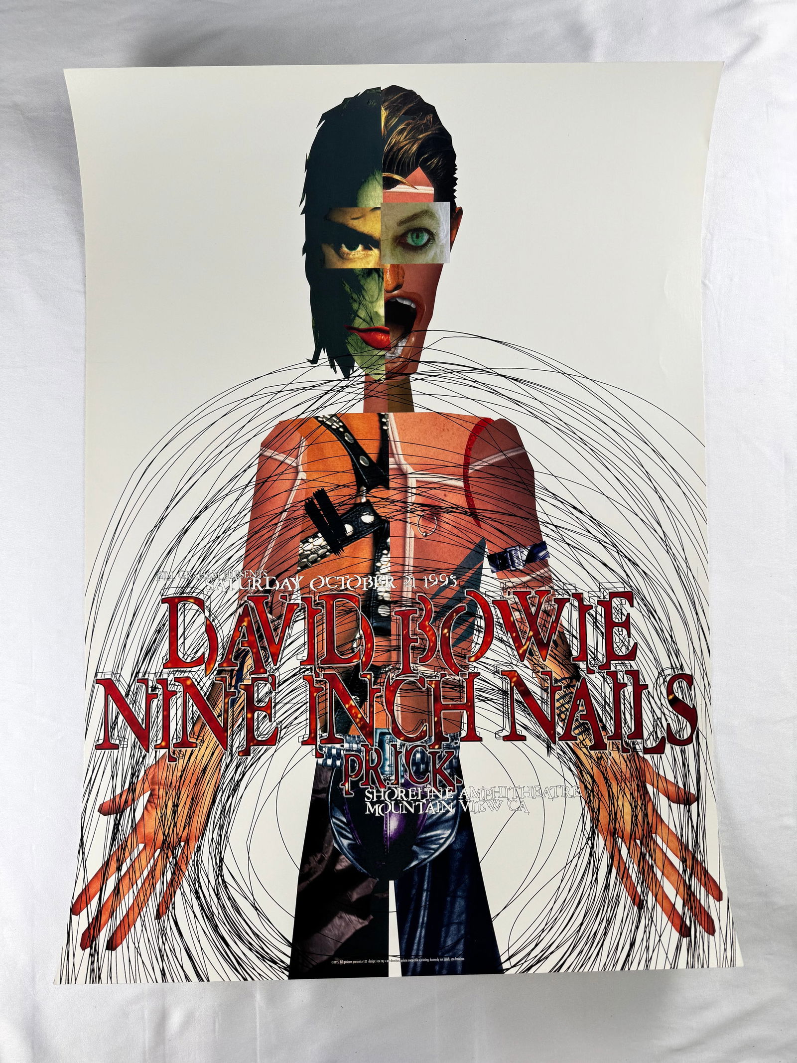 David Bowie Nine Inch Nails 1995 Bill Graham Presents Poster: Concert poster for David Bowie with Nine Inch Nails dated 1995. Presented by Bill Graham Presents at Shoreline Amphitheatre.