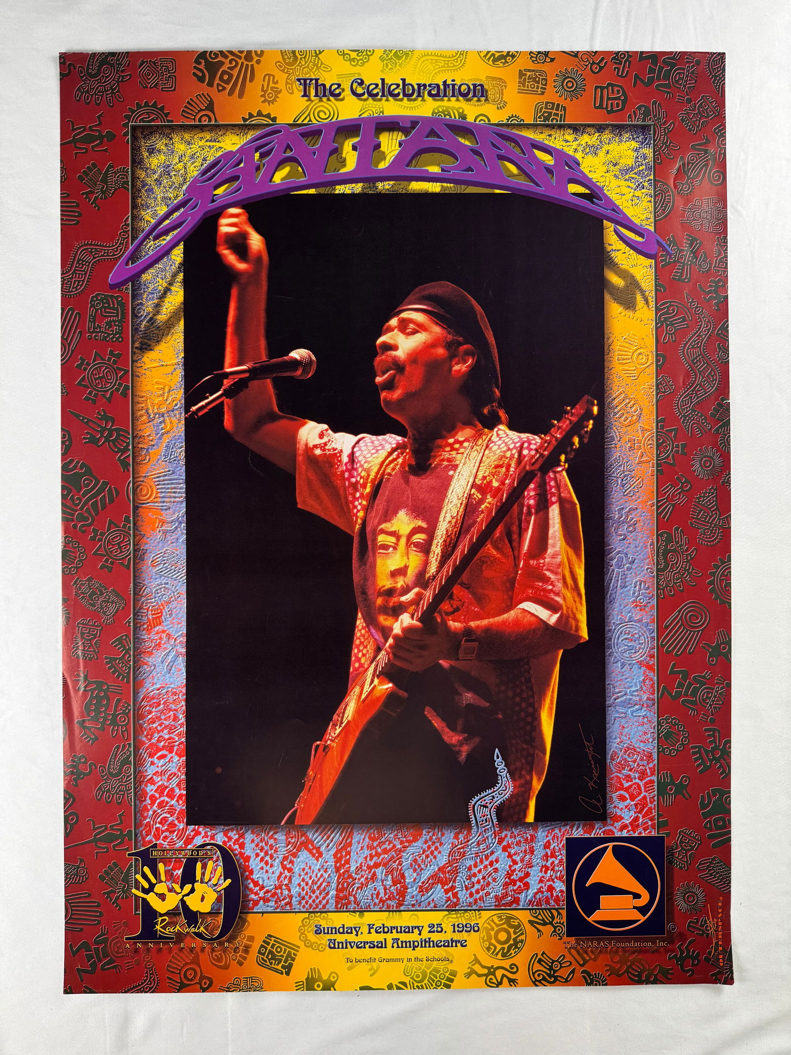 Santana The Celebration 1996 Bill Graham Presents Poster: Concert poster featuring Santana at the Universal Amphitheatre. Presented by Bill Graham Presents on February 25, 1996