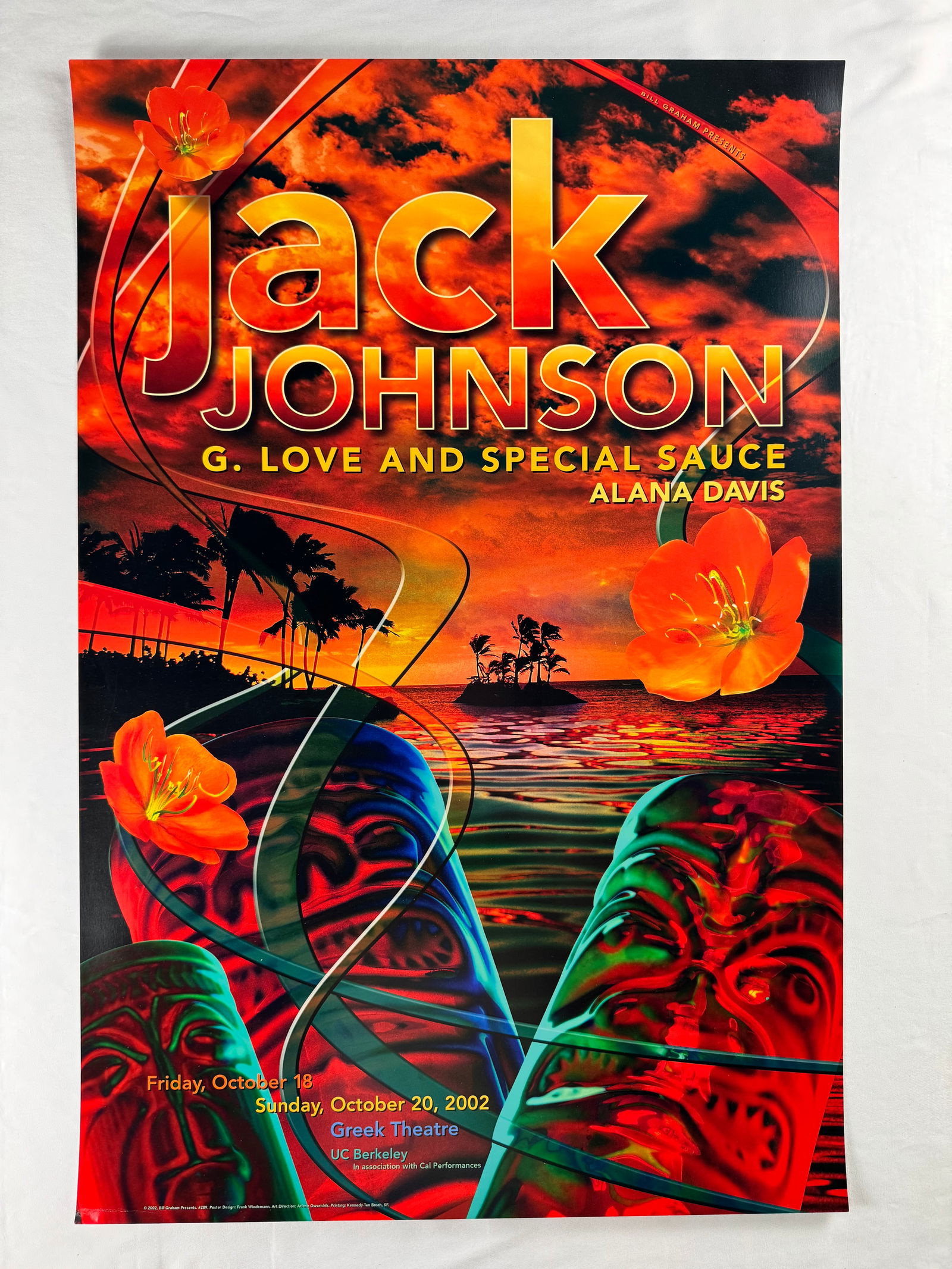 Jack Johnson Greek Theatre Berkeley 2002 Bill Graham Presents Poster: Concert poster for Jack Johnson with G Love and Special Sauce and Alana Davis. Presented by Bill Graham Presents in October 2002.