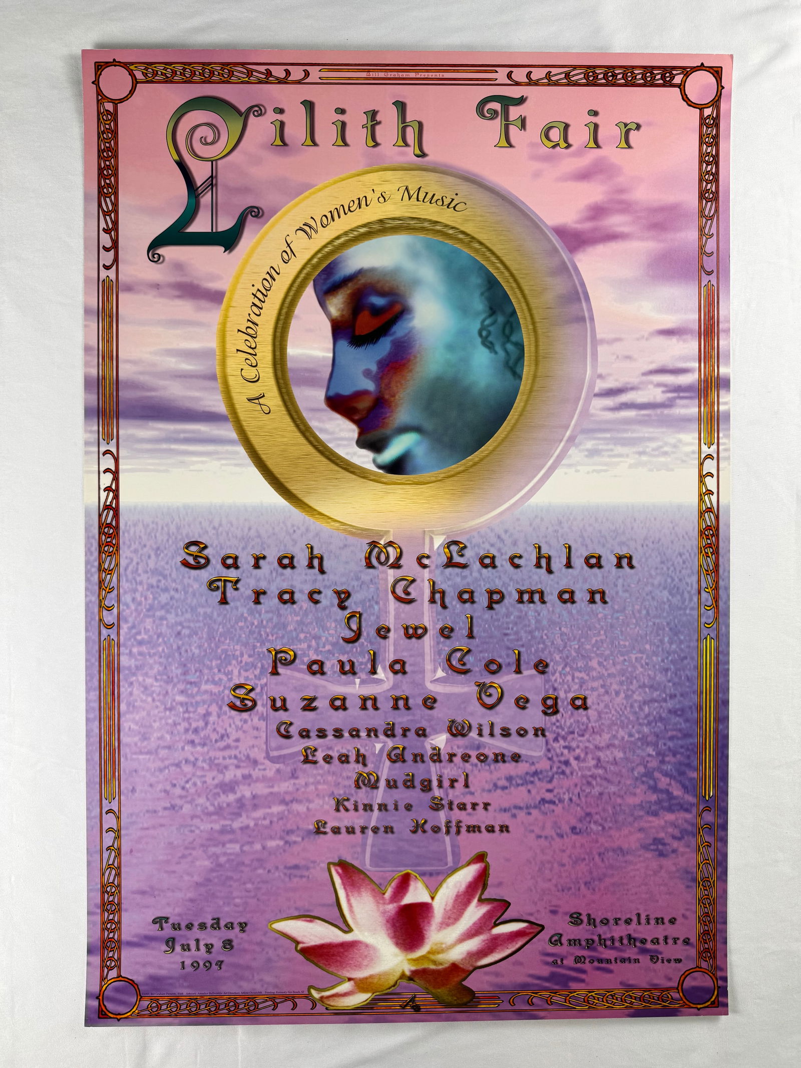Lilith Fair Shoreline 1997 Bill Graham Presents Concert Poster: Concert poster for Lilith Fair at Shoreline Amphitheatre. Presented by Bill Graham Presents on July 8, 1997