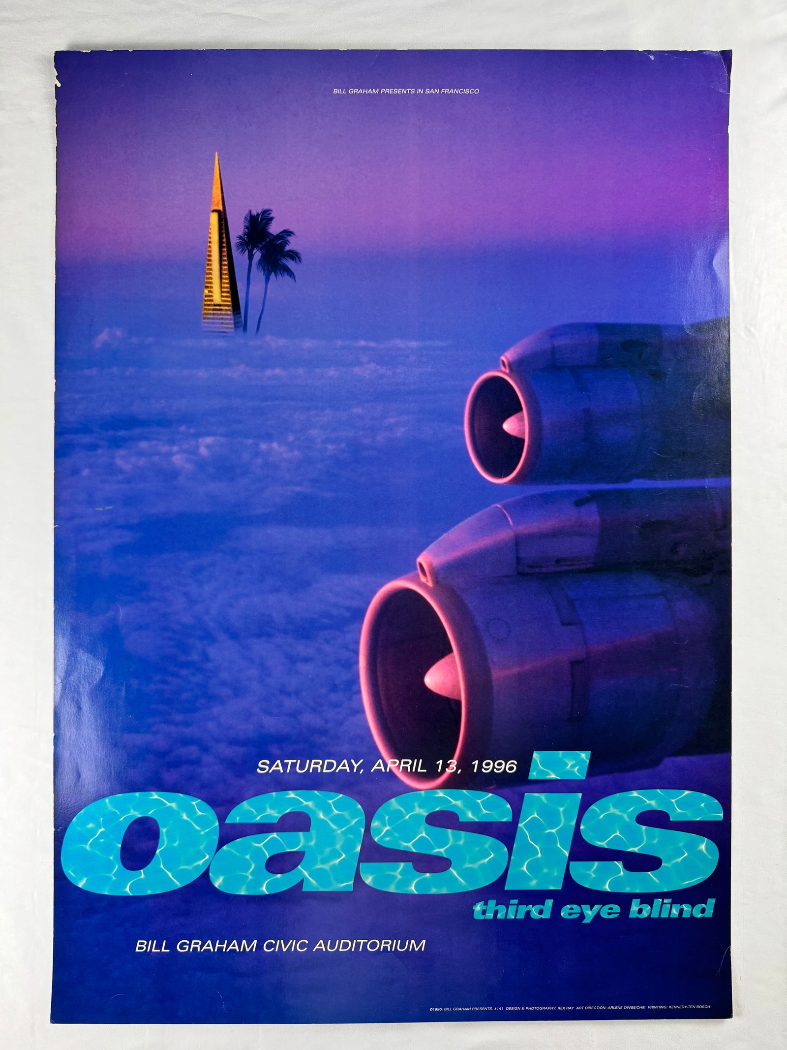 Oasis Third Eye Blind Bill Graham Civic Auditorium 1996 Poster: Concert poster for Oasis with Third Eye Blind dated April 13 1996. Event took place at Bill Graham Civic Auditorium in San Francisco.