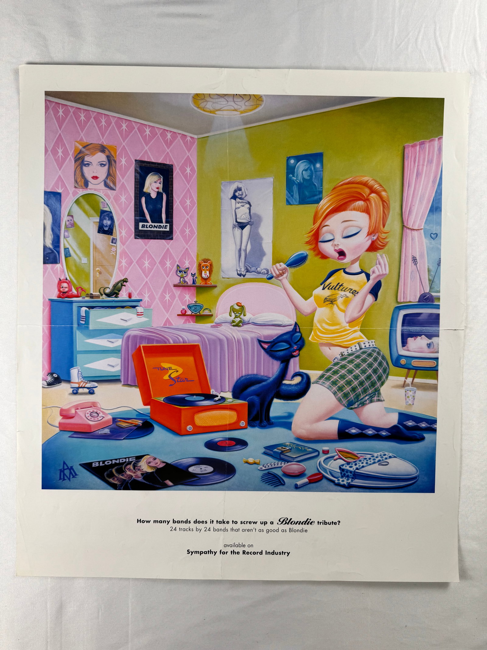 Blondie Tribute Compilation Album Promotional Poster: Promotional poster for a Blondie tribute compilation album. Artwork depicts illustrated interior scene with record player and band imagery.