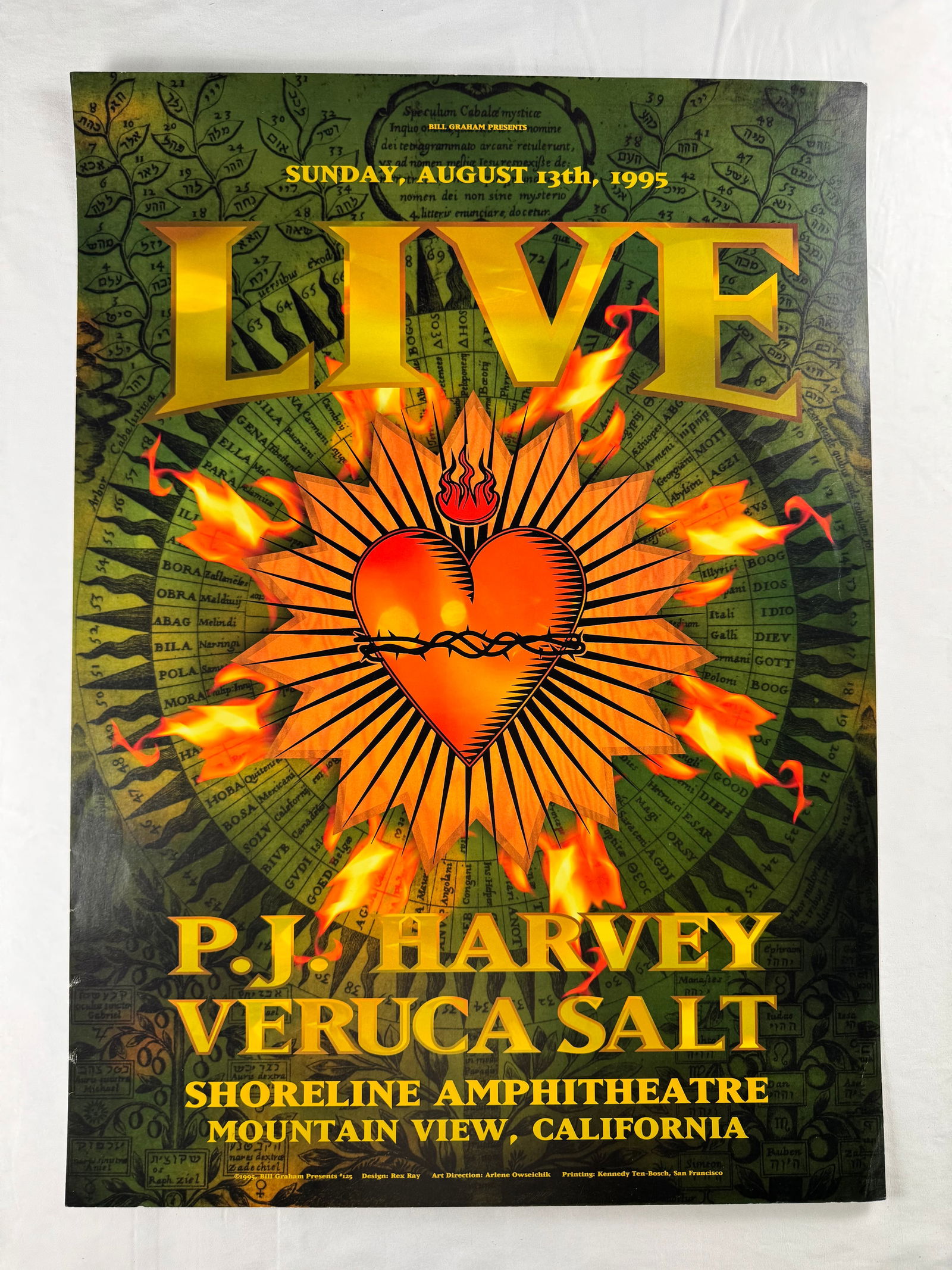 Live PJ Harvey Veruca Salt Shoreline 1995 Bill Graham Poster: Concert poster for Live with PJ Harvey and Veruca Salt. Presented by Bill Graham Presents on August 13 1995 at Shoreline Amphitheatre in Mountain View.