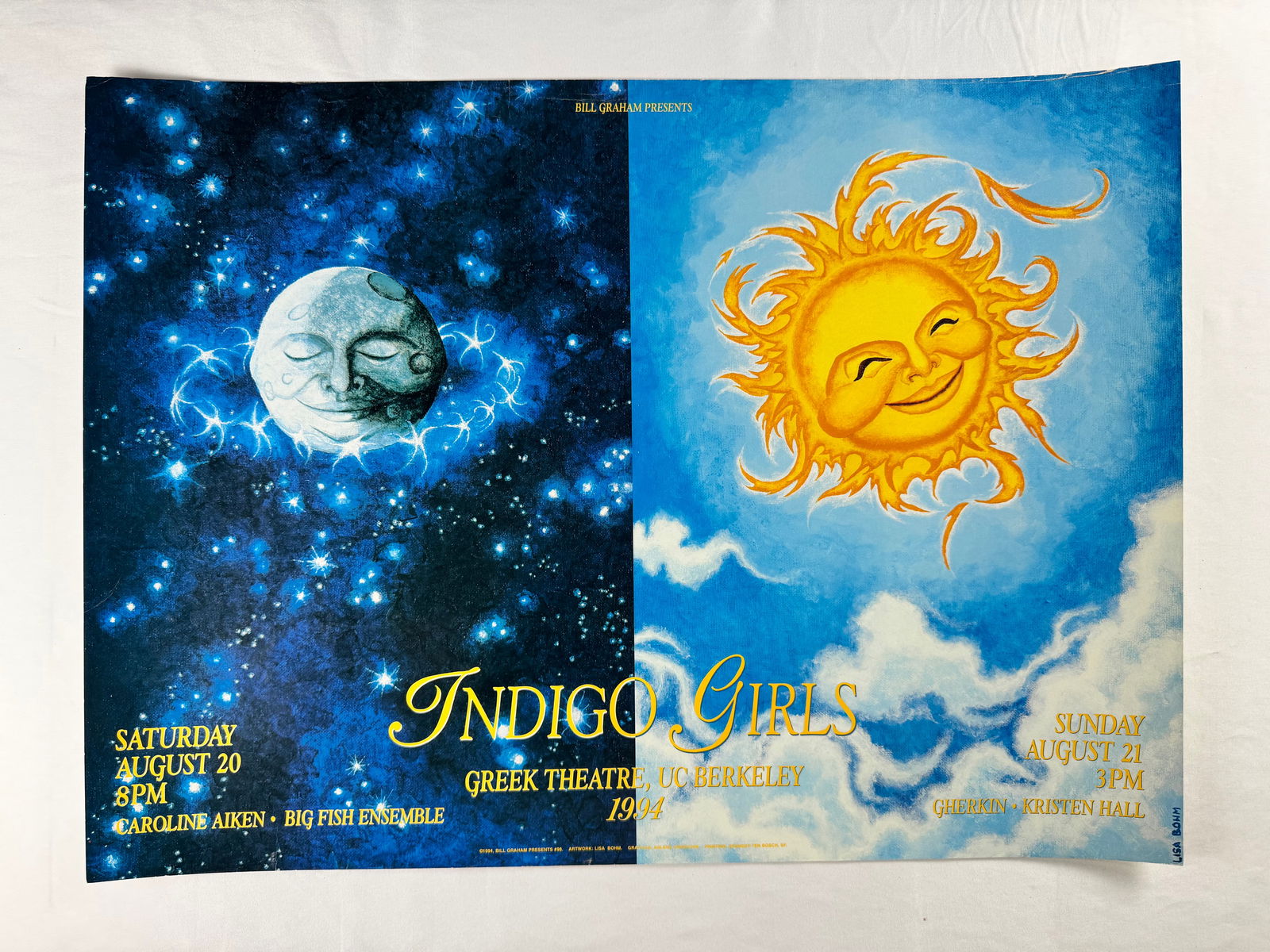 Indigo Girls Greek Theatre UC Berkeley 1994 Bill Graham Poster: Concert poster for Indigo Girls at the Greek Theatre UC Berkeley. Presented by Bill Graham Presents for performances on August 20 and 21 1994.