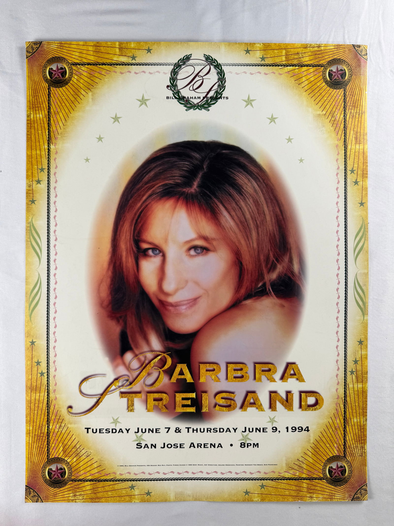 Barbra Streisand San Jose Arena 1994 Bill Graham Poster: Concert poster for Barbra Streisand at San Jose Arena. Presented by Bill Graham Presents for shows on June 7 and June 9 1994.
