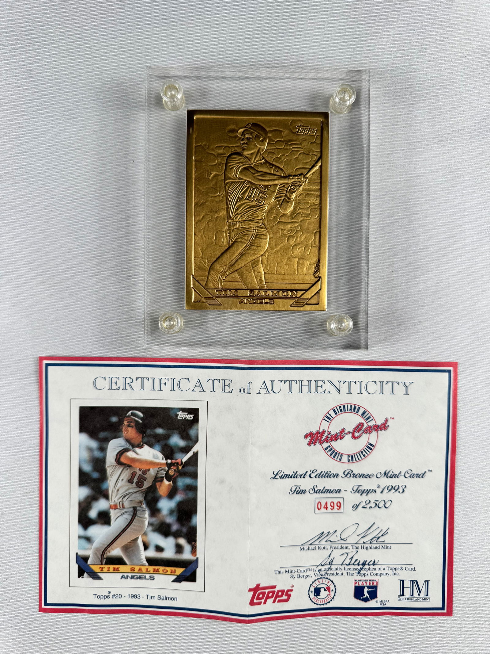 Tim Salmon California Angels 1993 Topps Bronze Mint Card with COA: Bronze Mint Card featuring Tim Salmon issued by The Highland Mint in 1993. Includes original Certificate of Authenticity.