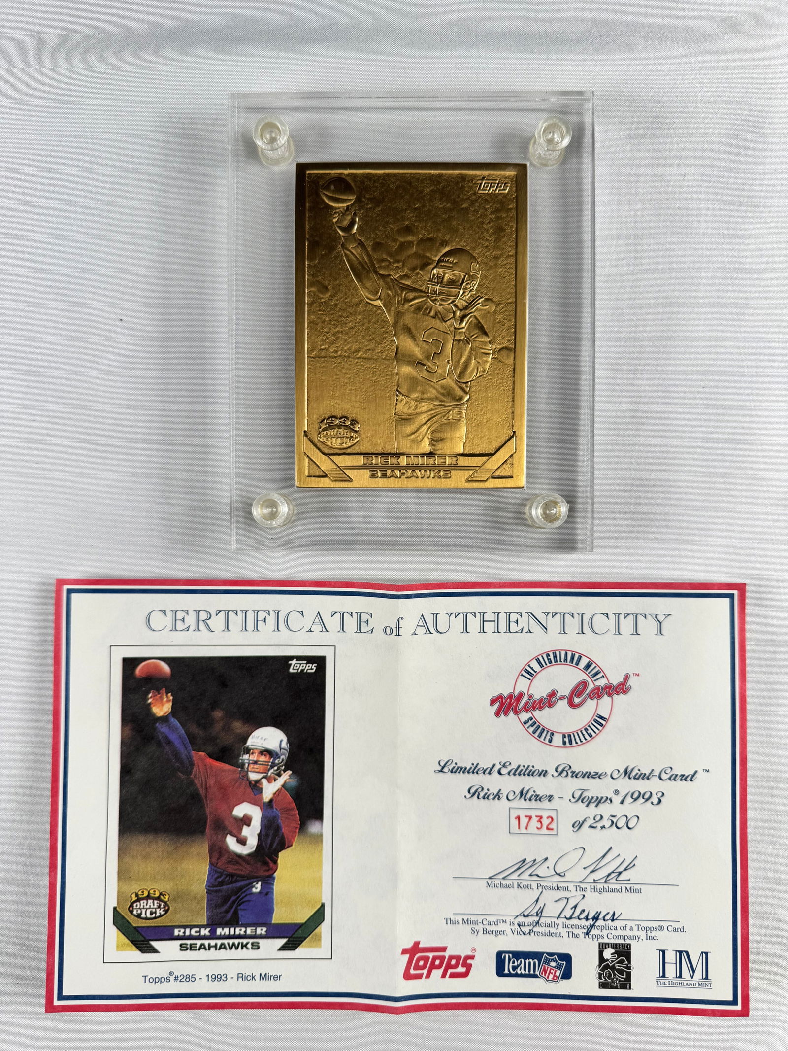 Rick Mirer Seattle Seahawks 1993 Topps Bronze Mint Card with COA: Bronze Mint Card featuring Rick Mirer issued by The Highland Mint in 1993. Includes original Certificate of Authenticity.