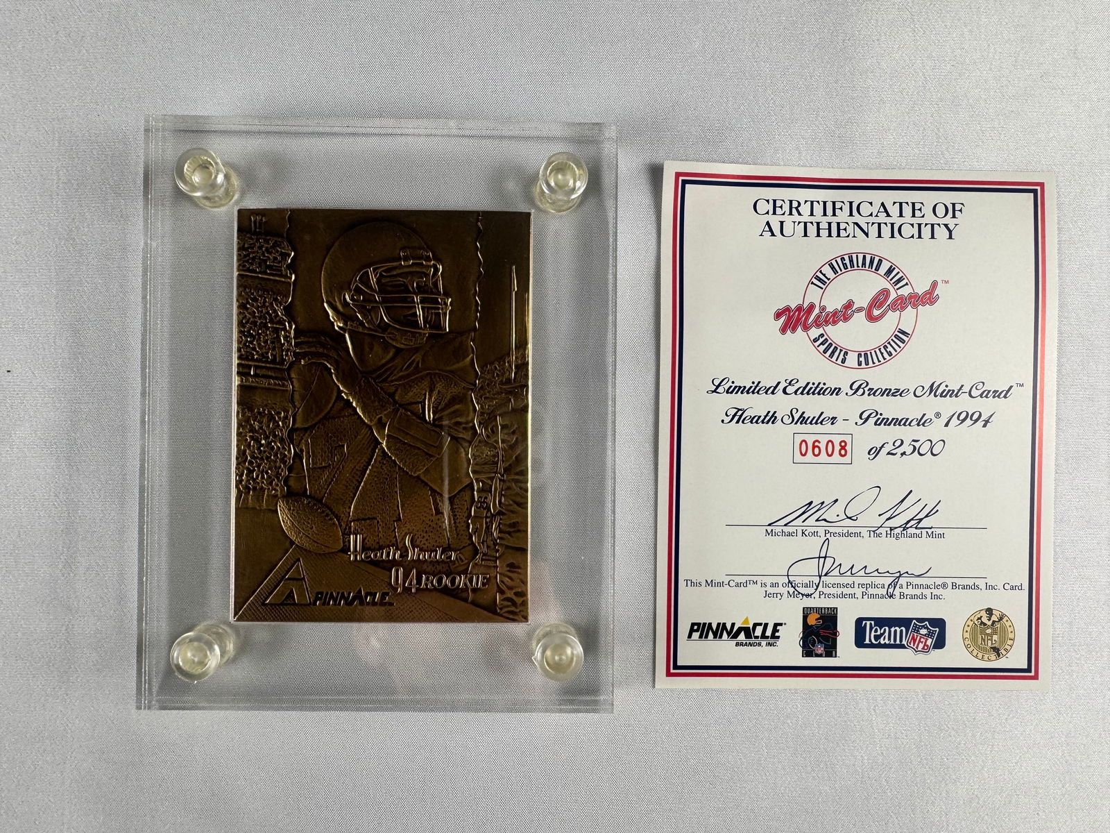 Heath Shuler 1994 Pinnacle Bronze Mint Rookie Card with COA: Bronze Mint rookie card featuring Heath Shuler issued by The Highland Mint in 1994. Includes original Certificate of Authenticity.