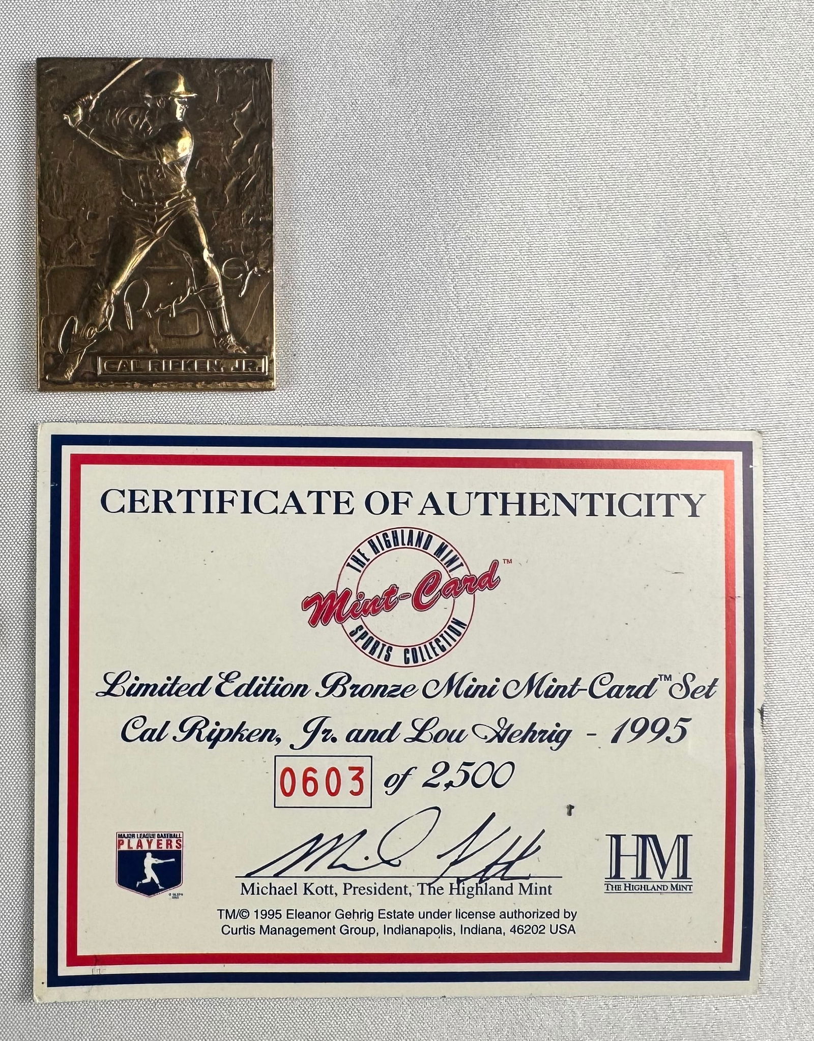 Cal Ripken Jr and Lou Gehrig 1995 Bronze Mini Mint Card Set with COA: Two-piece bronze mini mint card set featuring Cal Ripken Jr and Lou Gehrig. Issued by The Highland Mint in 1995 and accompanied by a certificate of authenticity.