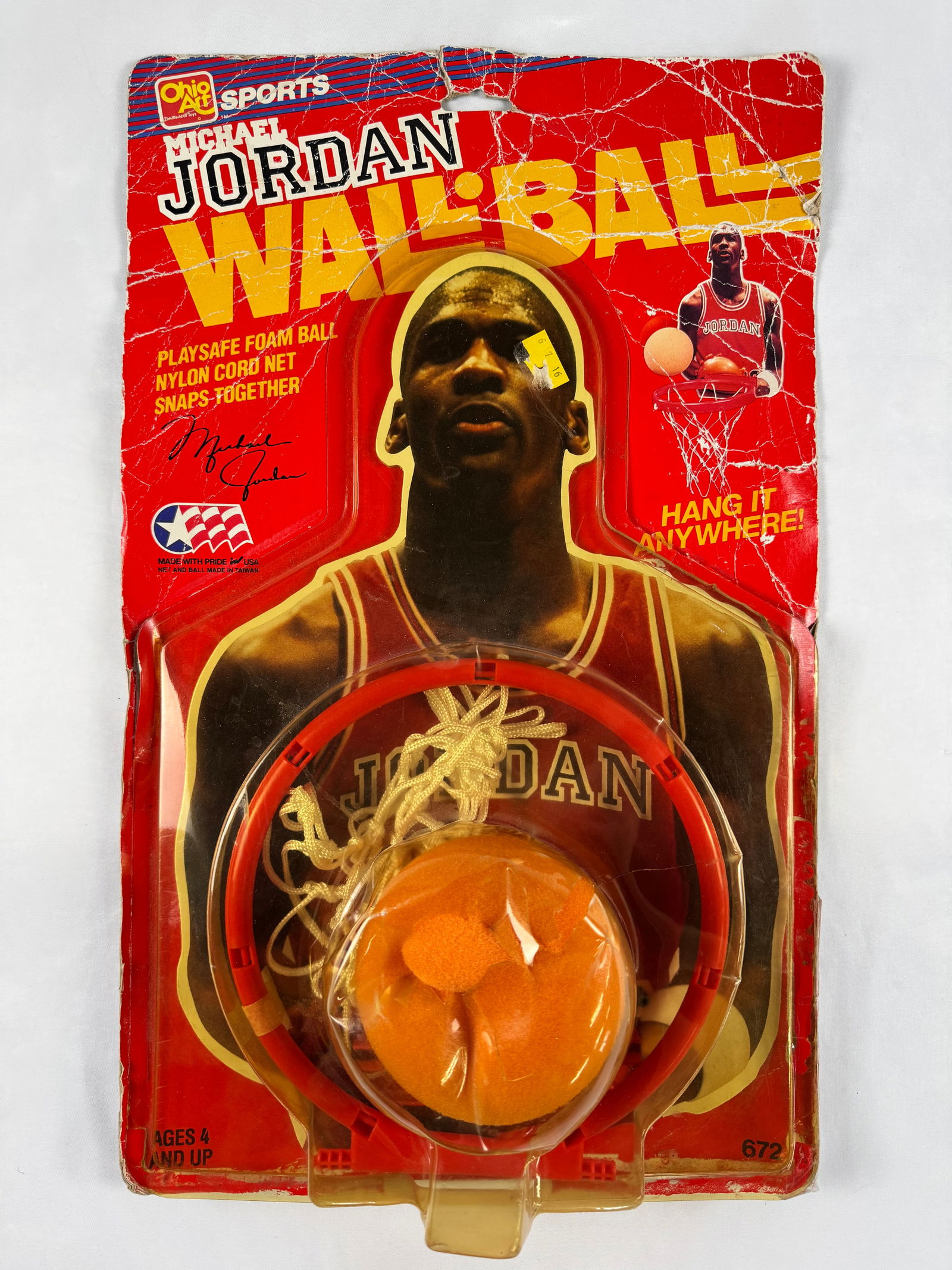 Michael Jordan Wall-Ball Ohio Art Sports Mini Basketball Set: Wall-mounted Michael Jordan Wall-Ball set produced by Ohio Art Sports. Includes foam ball snap-together rim and net