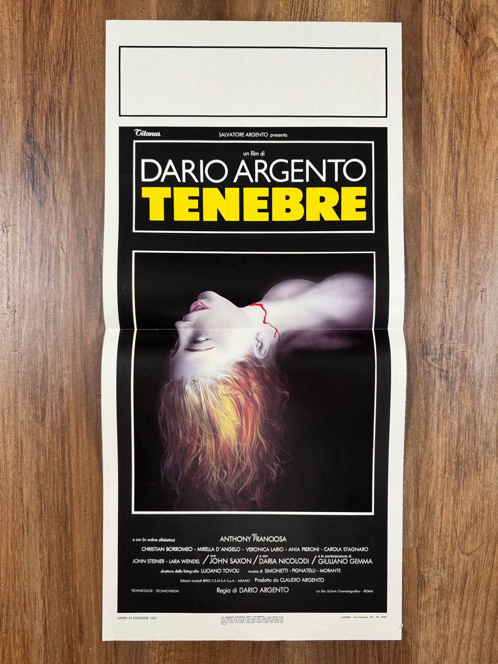 Tenebre 1982 Italian Locandino Folded Movie Poster 13"x27.5" Dario Argento Giallo: Tenebrae (lit.?'"darkness"', also known as Tenebre) is a 1982 Italian giallo film written and directed by Dario Argento. The film stars Anthony Franciosa as American author Peter Neal, who – while i