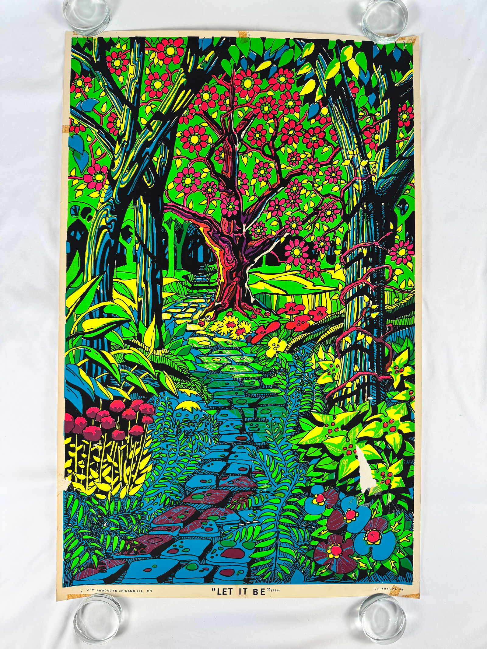 Let It Be Original 1971 Dayglo Blacklight Poster Ed Phelps Jr. Serigraph Published by Hip Products: This rare beautiful poster is in Good Condition but has a few tape marks and a small area of surface loss as photographed.