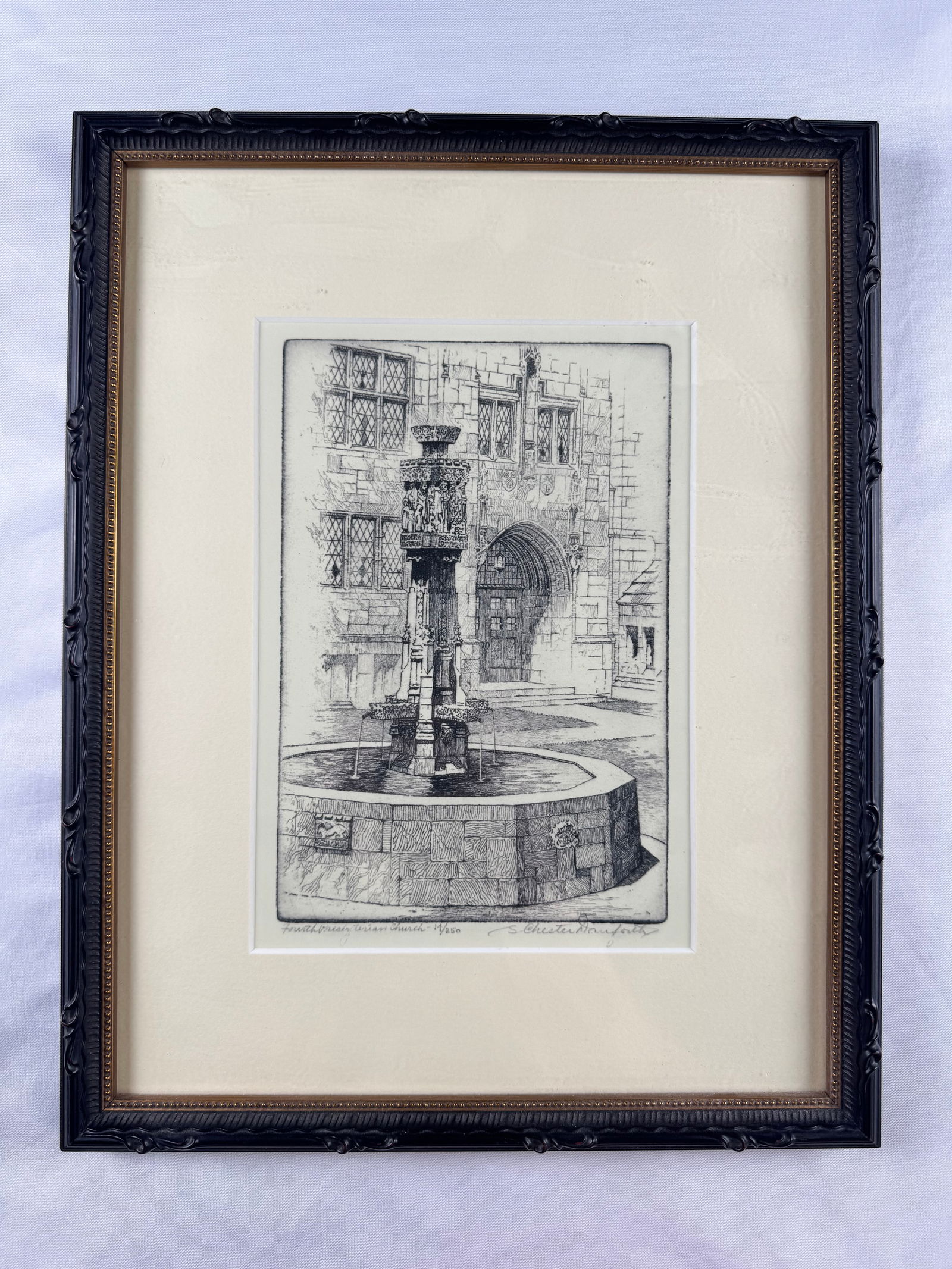 "Fountain in Chester Town Hall by S. Chester Danforth Etching Print: This is an etching of the fountain outside the Welsh Presbyterian Church (also known as the "Fruith presis terian Church" as written on the print) in Chester, signed by S. Chester Homforty and numbere