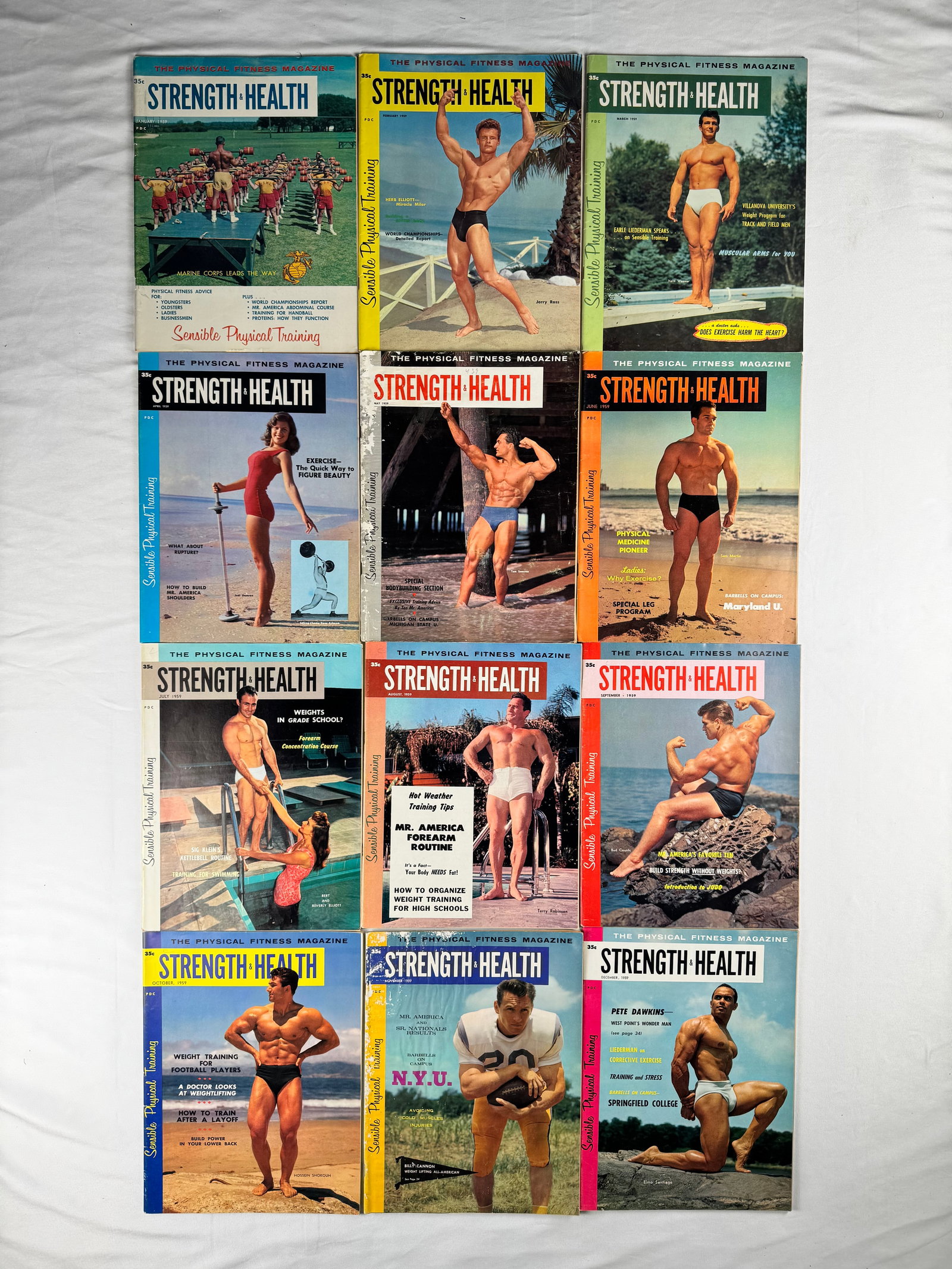 Lot of 8 Strength & Health Magazines 1959 Full Year – Gay Interest Photography: Includes Strength & Health magazines dated January 1959, February 1959, March 1959, April 1959, May 1959, June 1959, July 1959, August 1959, September 1959, October 1959, November 1959, and December 1