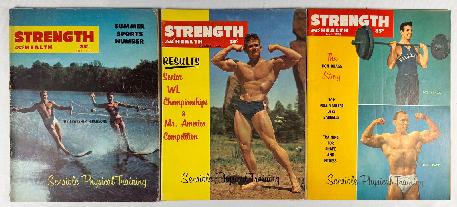 Lot of 3 Strength & Health Magazines 1956 – Gay Interest Photography: Includes Strength & Health magazines dated July 1956, August 1956, and September 1956. Issues focus on summer sports, championships, and strength training in 1956.