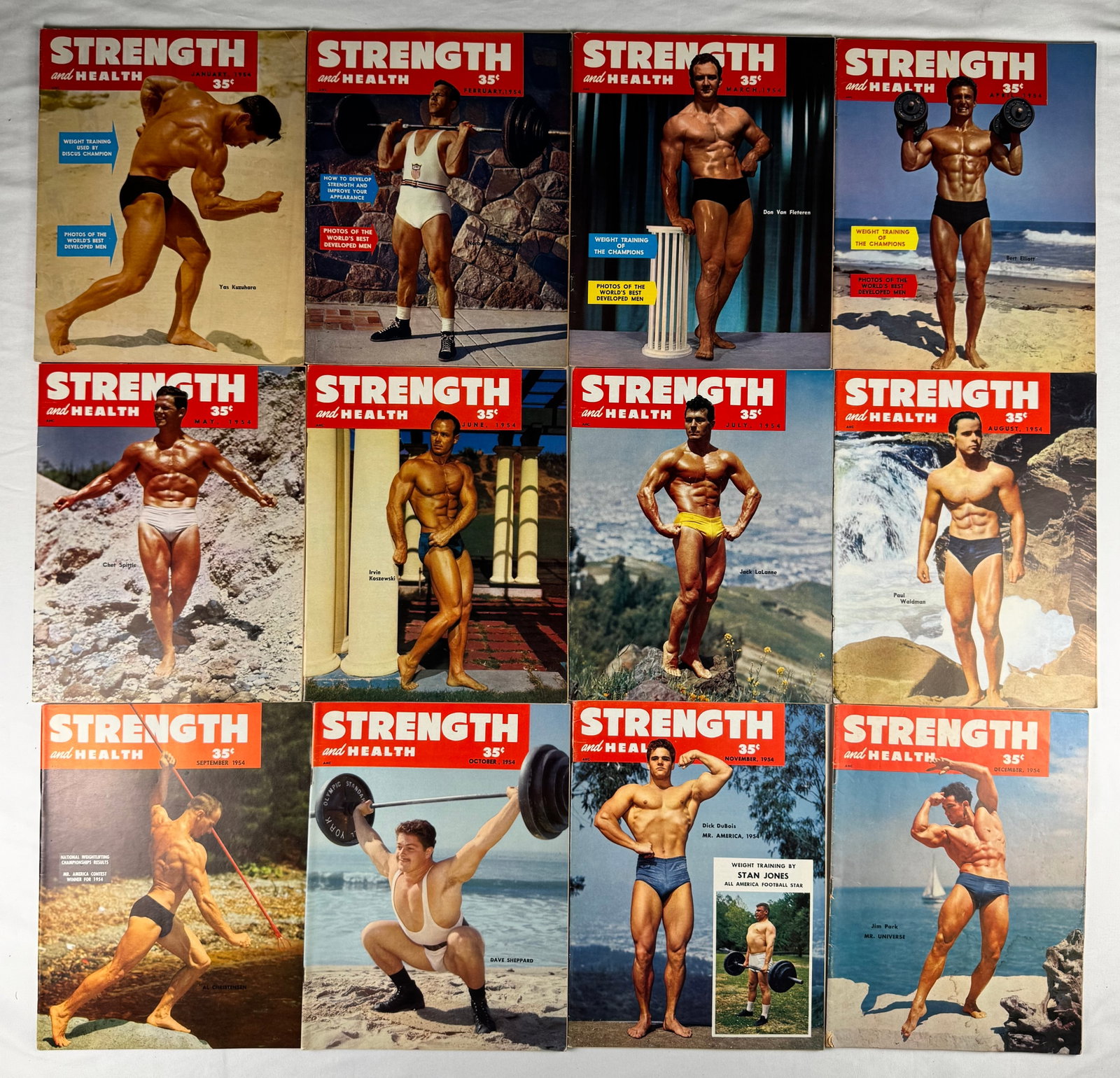 Lot of 16 Strength & Health Magazines 1954 – Gay Interest Photography: Includes Strength & Health magazines dated January 1954, February 1954, March 1954, April 1954, May 1954, June 1954, July 1954, August 1954, September 1954, October 1954, November 1954, and December 1