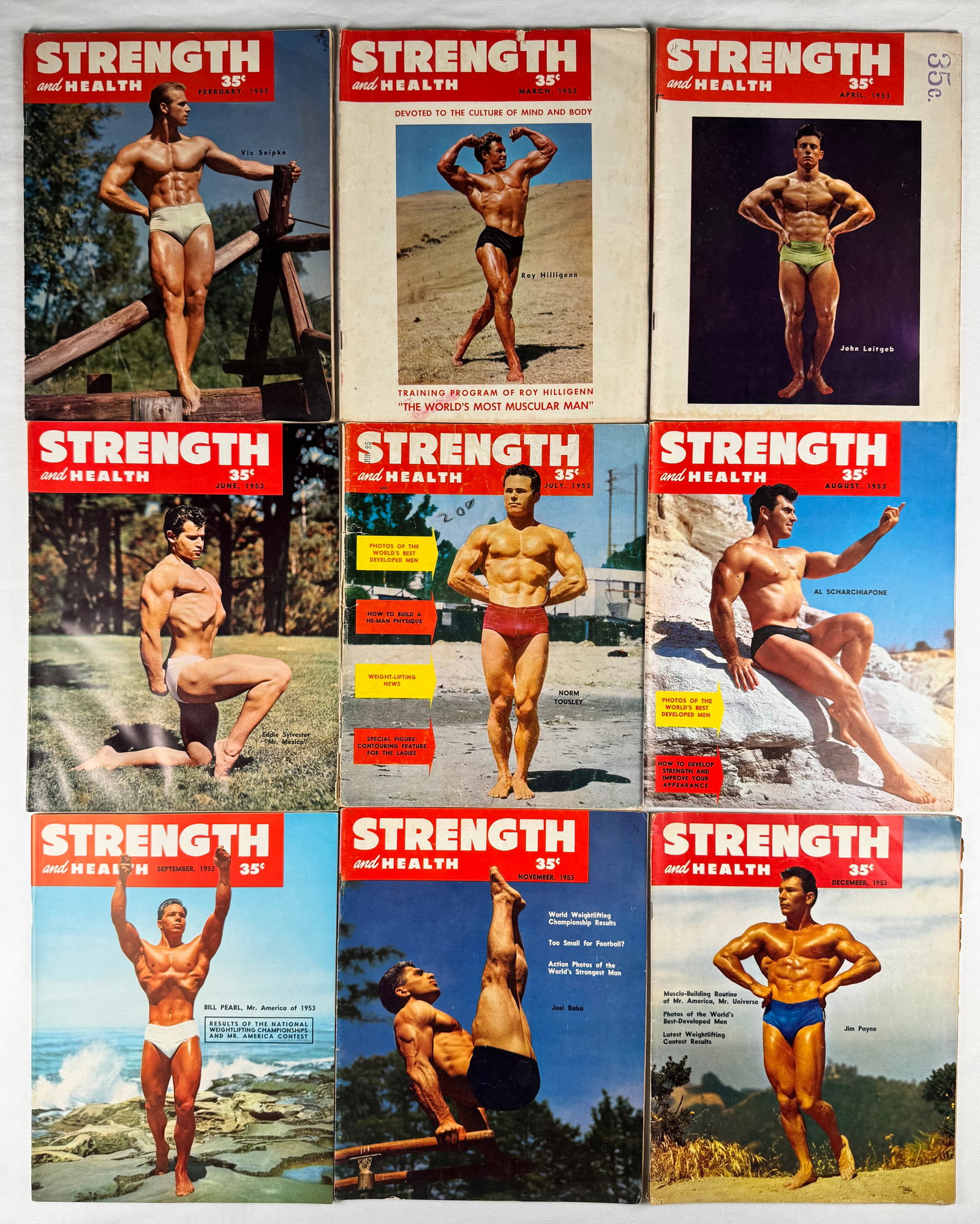 Lot of 12 Strength & Health Magazines 1953 – Gay Interest Photography: Includes Strength & Health magazines dated February 1953, March 1953, April 1953, May 1953, June 1953, July 1953, August 1953, September 1953, October 1953, November 1953, and December 1953. Topics in