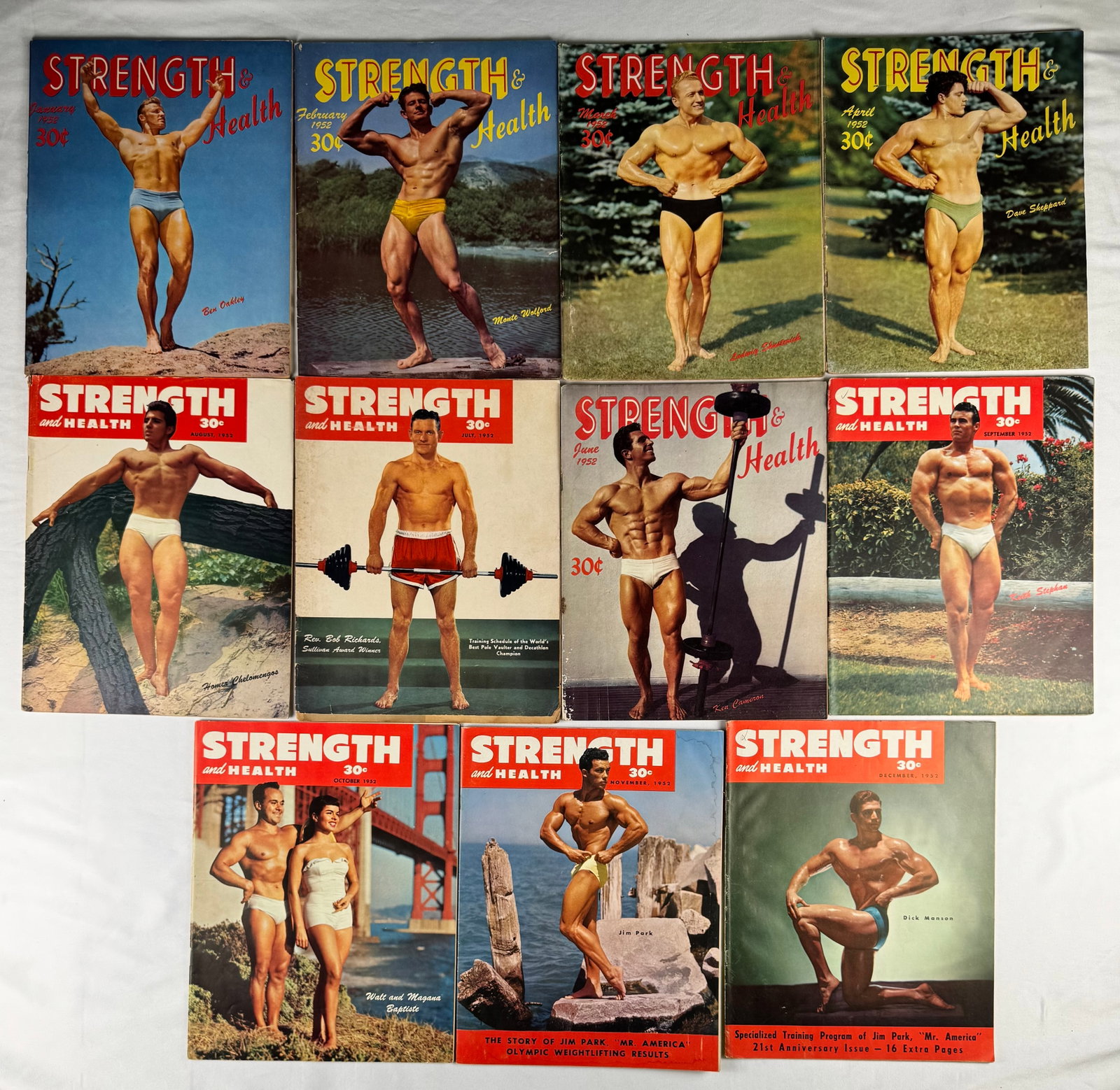 Lot of 11 Strength & Health Magazines 1952 – Gay Interest Photography: Includes Strength & Health magazines dated January 1952, February 1952, March 1952, April 1952, May 1952, June 1952, July 1952, August 1952, September 1952, October 1952, November 1952, and December 1