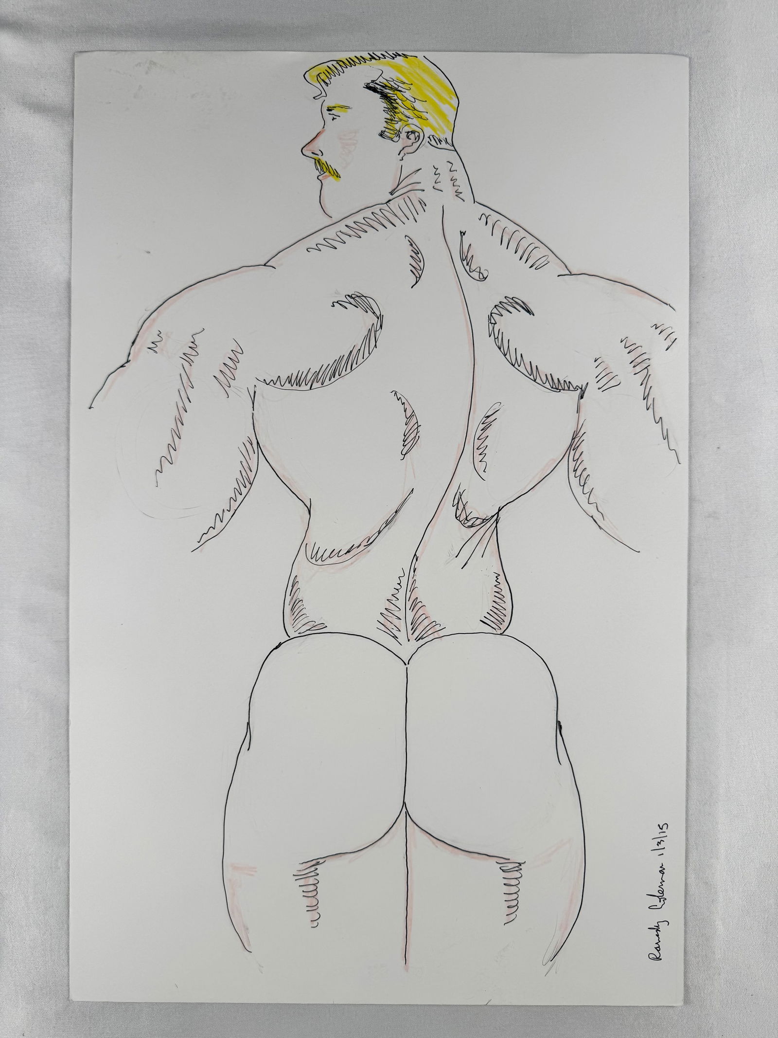 Randy Coleman 2015 Signed Pencil and Ink Drawing Mat "Rear View" 11x17 Gay Interest: Randy Coleman was an artist and columnist for the San Francisco Bay Times. Coleman handcrafted each of the pieces for his “SF Sketch” column, often using just a sketchpad and pencil. He would