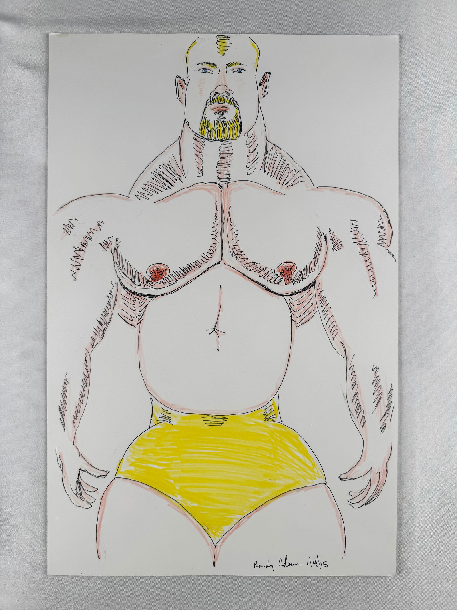 Randy Coleman 2015 Signed Pencil and Ink Drawing Mat "Front View" 11x17 Gay Interest: Randy Coleman was an artist and columnist for the San Francisco Bay Times. Coleman handcrafted each of the pieces for his “SF Sketch” column, often using just a sketchpad and pencil. He would