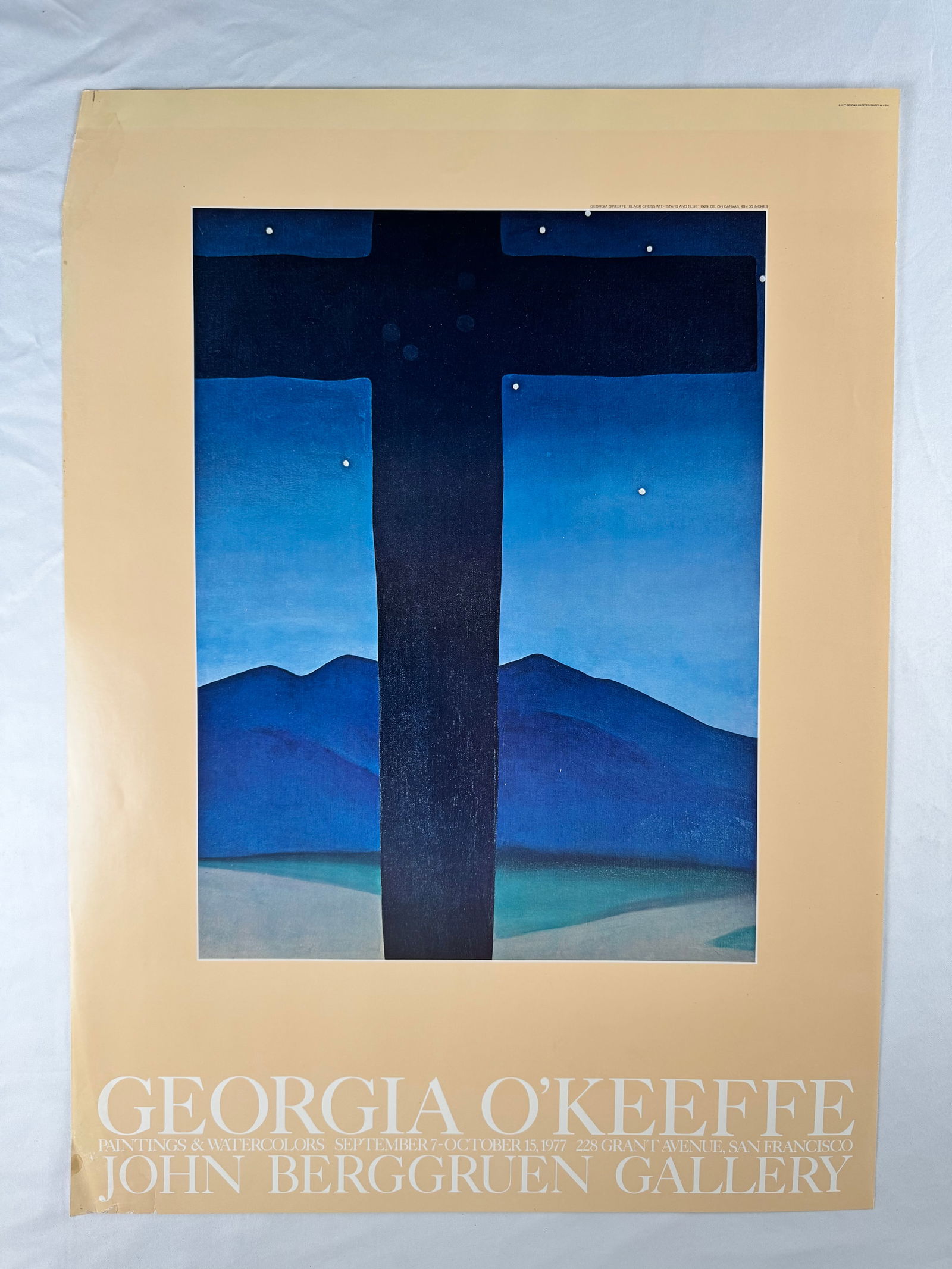 Georgia O’Keeffe Paintings and Watercolors Exhibition Poster 1977: Exhibition poster for Georgia O’Keeffe Paintings and Watercolors shown in San Francisco in 1977. Presented by the John Berggruen Gallery.