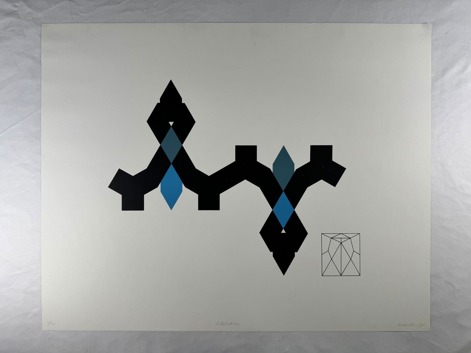 Enrique Carbajal Sebastian Octahedron Signed Geometric Abstract Print (1974), 14/25: Signed limited edition abstract print with black geometric forms and blue diamond shapes.