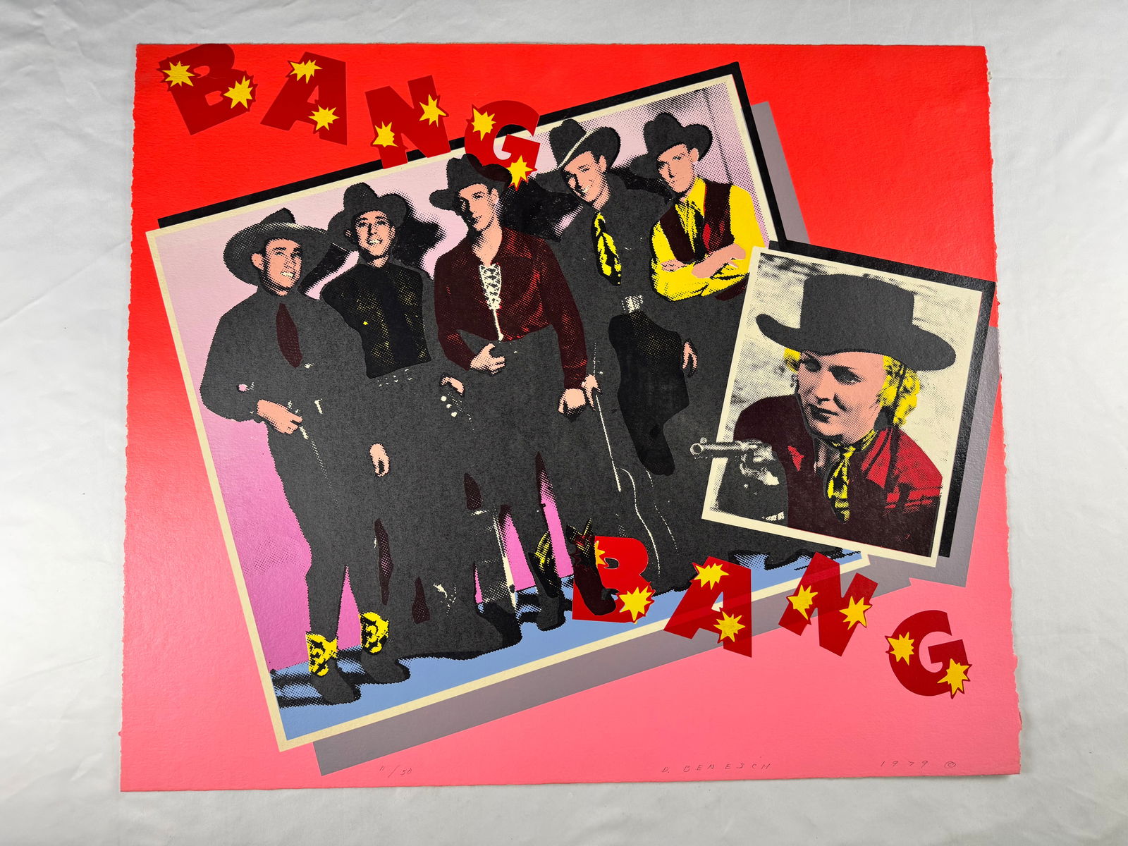 D. Benesch Bang Bang Pop Art Screenprint: Dated pop art screenprint titled Bang Bang featuring layered Western film imagery.