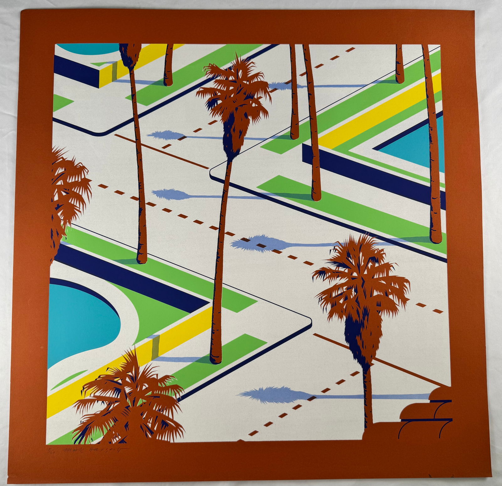Hiroshi Nagai Modernist Palm Tree Landscape Screenprint: Color screenprint depicting stylized palm trees and architectural forms in a modernist composition.