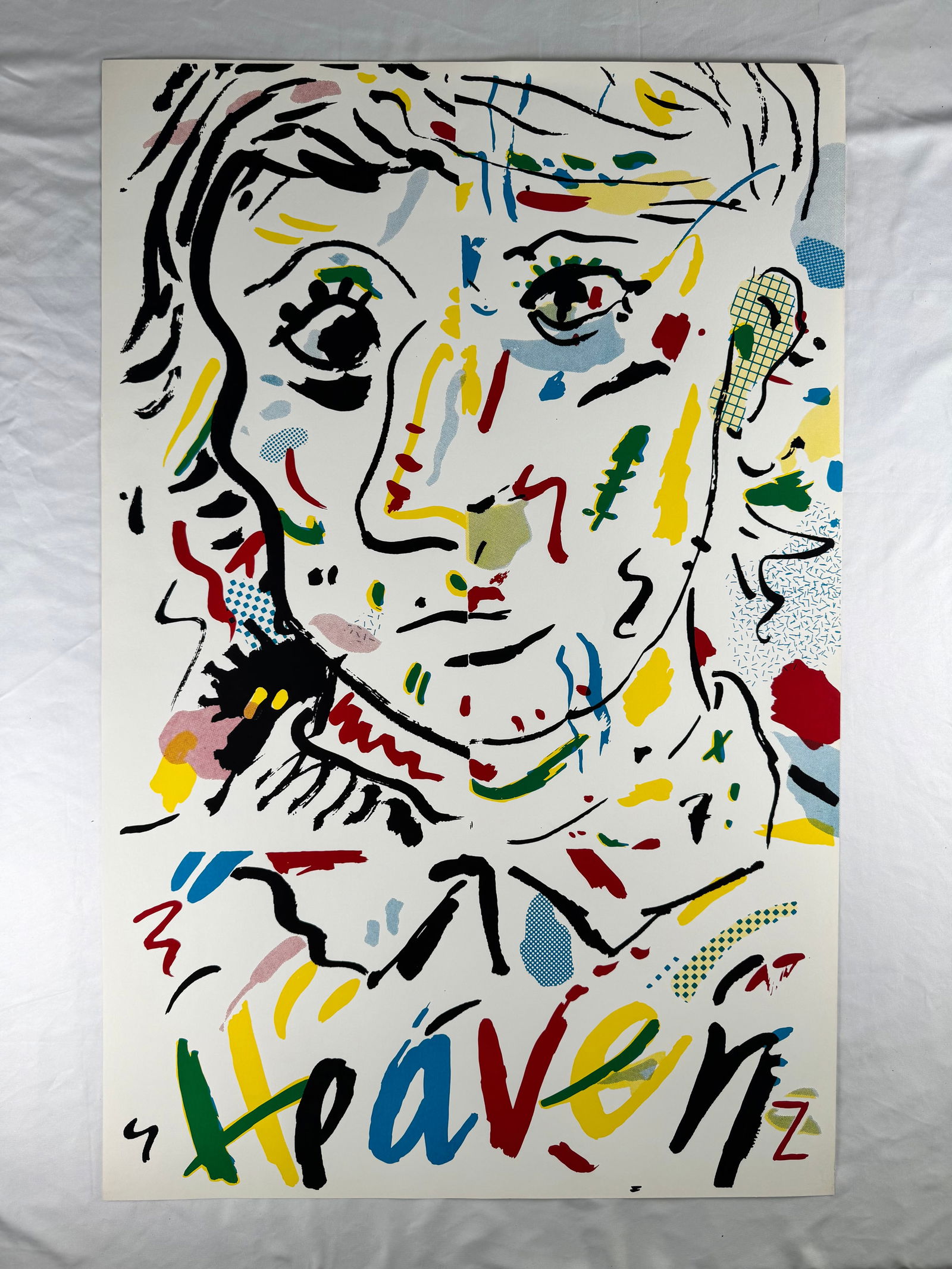 Bob Zoell Heaven Abstract Portrait Color Screenprint: Color screenprint depicting a stylized male portrait composed of bold black linework with multicolor abstract marks. The word “Heaven” appears handwritten along the lower margin; artist, date,