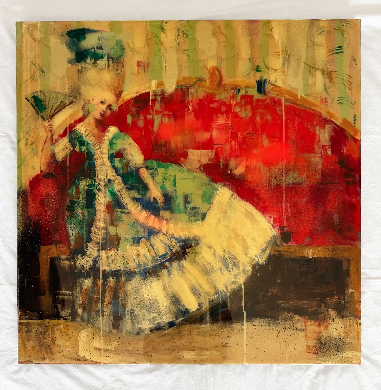 Rimi Yang Signed Abstract Painting on Wood Panel, 30 × 30 in (c. 2017): Original abstract painting by Rimi Yang, executed on a square wood panel measuring 30 × 30 inches. The work is signed in ink on the verso and is undated, though believed to have been created circa 20