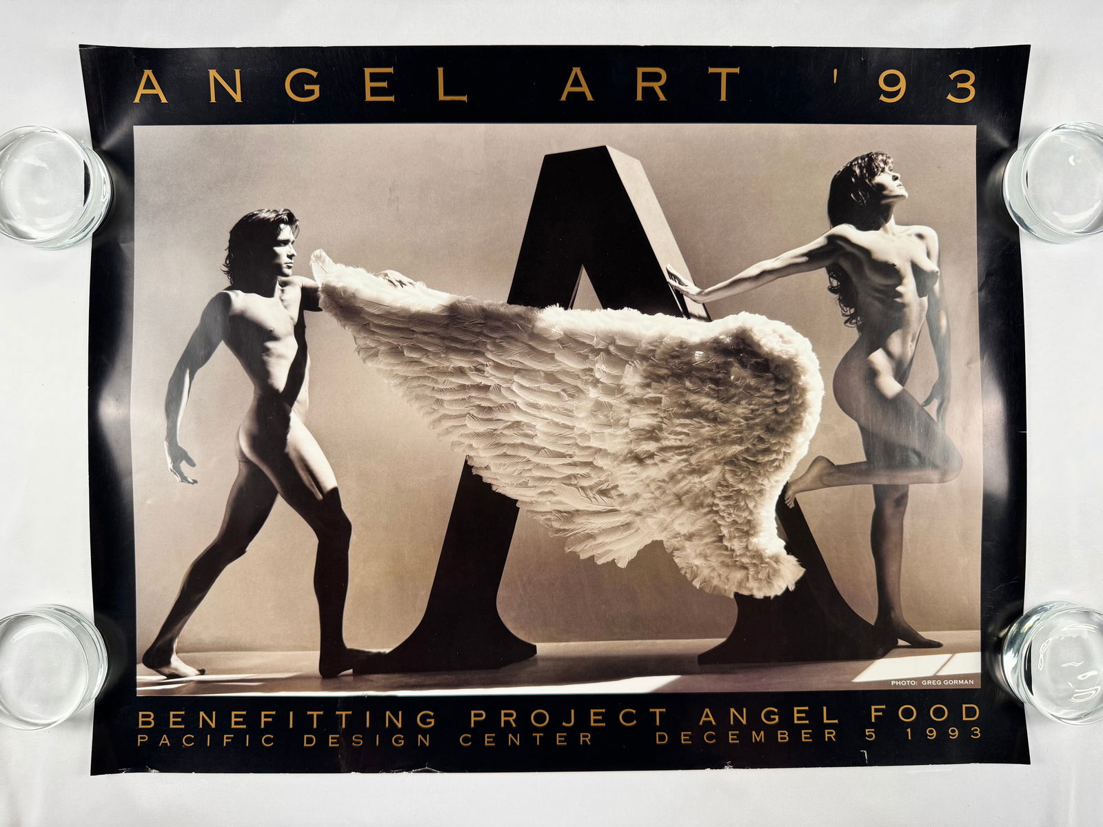 Angel Art ’93 Greg Gorman Vintage Photography Poster – Benefitting Project Angel Food 1993 Nude: Angel Art ’93 was a benefit auction held on December 5, 1993, at the Pacific Design Center in Los Angeles to raise funds for Project Angel Food. The event featured art and photography auctions and w