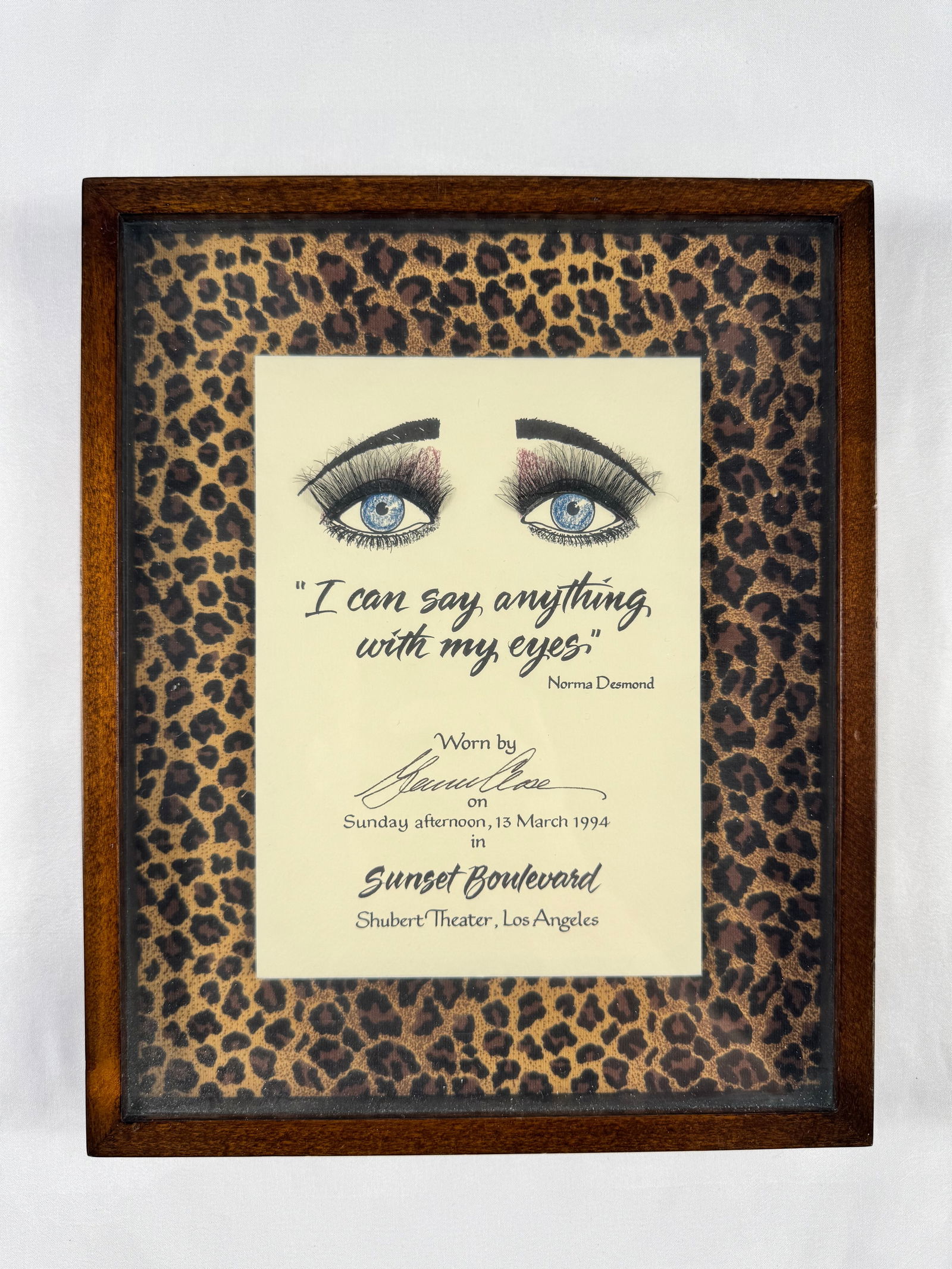 Glenn Close's Eyelashes from Sunset Boulevard 1994 Framed Display “I Can Say Anything With My: Andrew Lloyd Webber’s Sunset Boulevard opened at the Shubert Theatre in 1994, featuring Glenn Close in her acclaimed, Tony-winning performance as Norma Desmond; the production combined lush orchestr