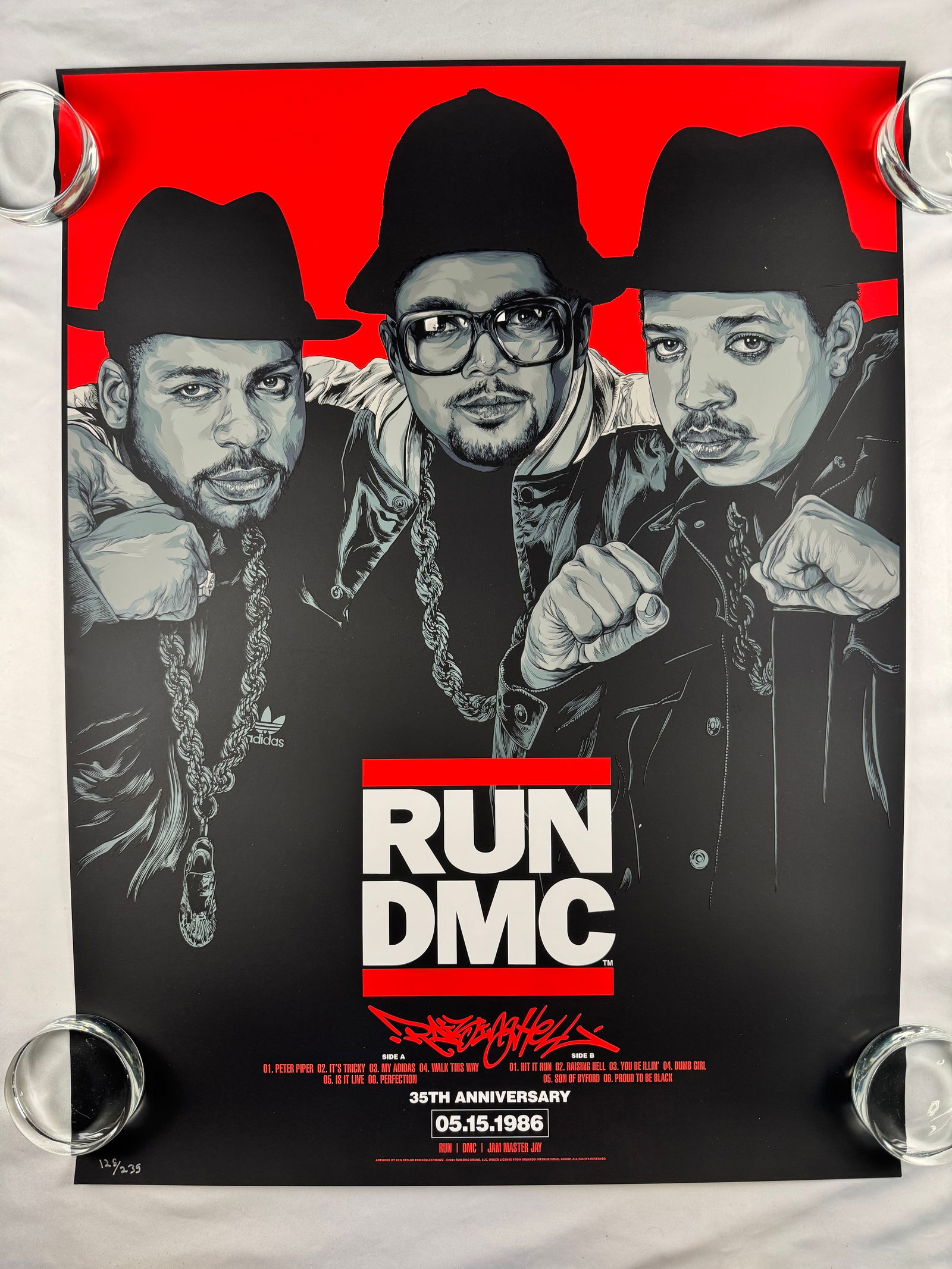 Shepard Fairey Run DMC 35th Anniversary Screen Print 2021: Screen print by Shepard Fairey commemorating the Run-DMC 35th anniversary. Produced in 2021.