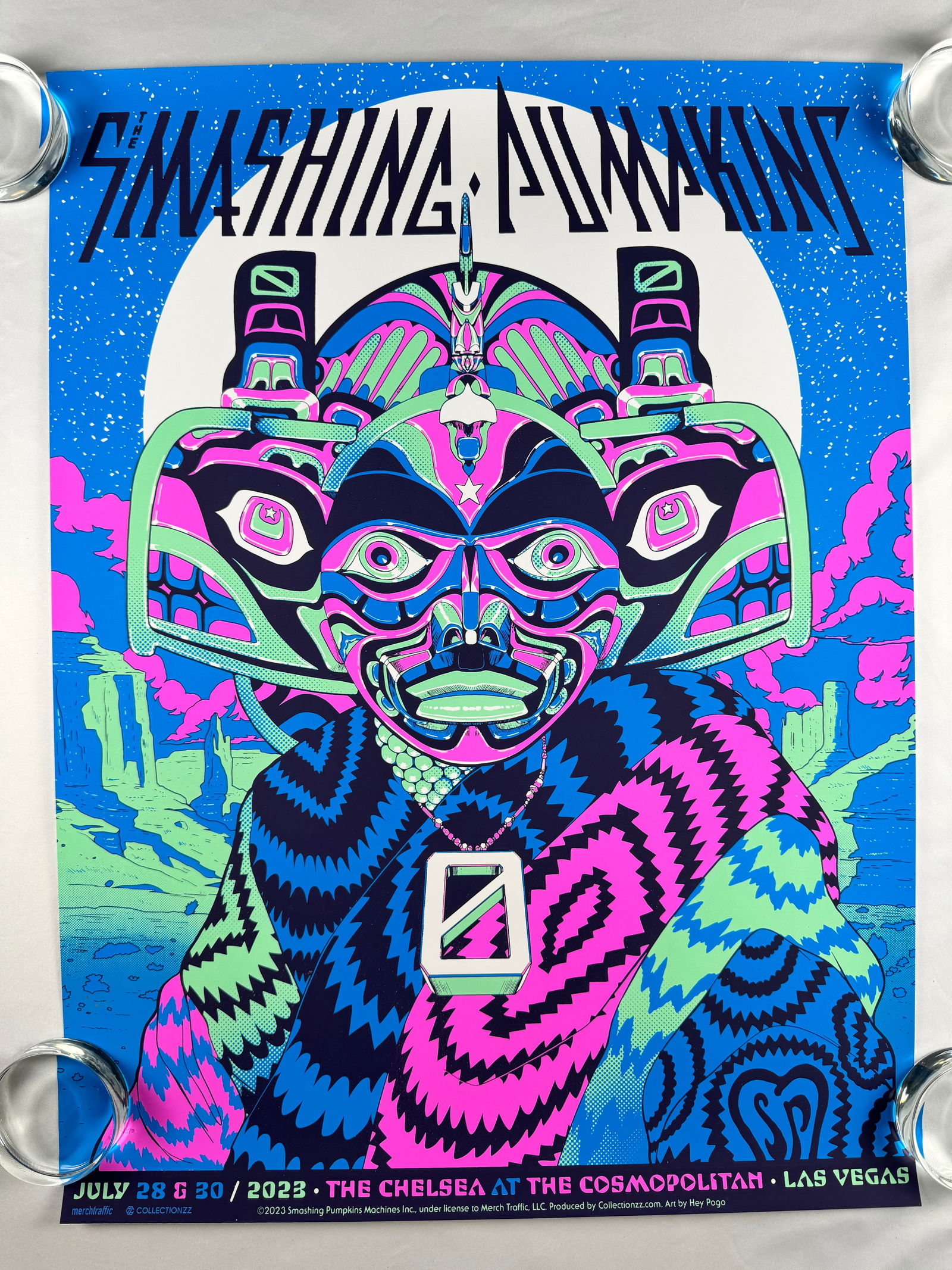 The Smashing Pumpkins Las Vegas Concert Poster 2023: Color screen print concert poster for The Smashing Pumpkins Machines of God tour. Event held July 28 and 30, 2023, at The Chelsea at The Cosmopolitan, Las Vegas.