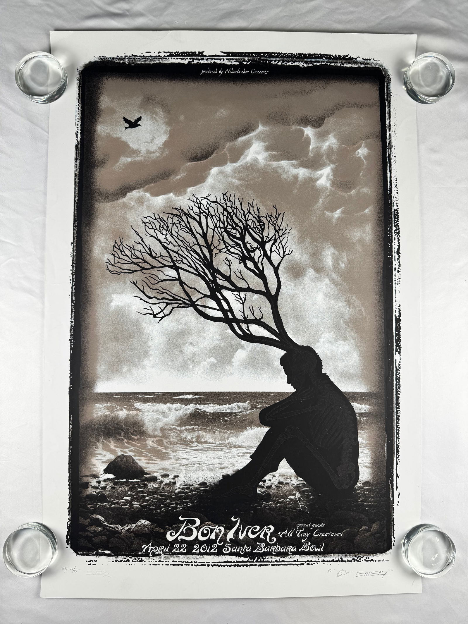 Emek Signed Bon Iver Santa Barbara Bowl Concert Poster 2012: Limited edition concert poster for Bon Iver with special guests Tiny Creatures. Event held April 22, 2012, at Santa Barbara Bowl, California.