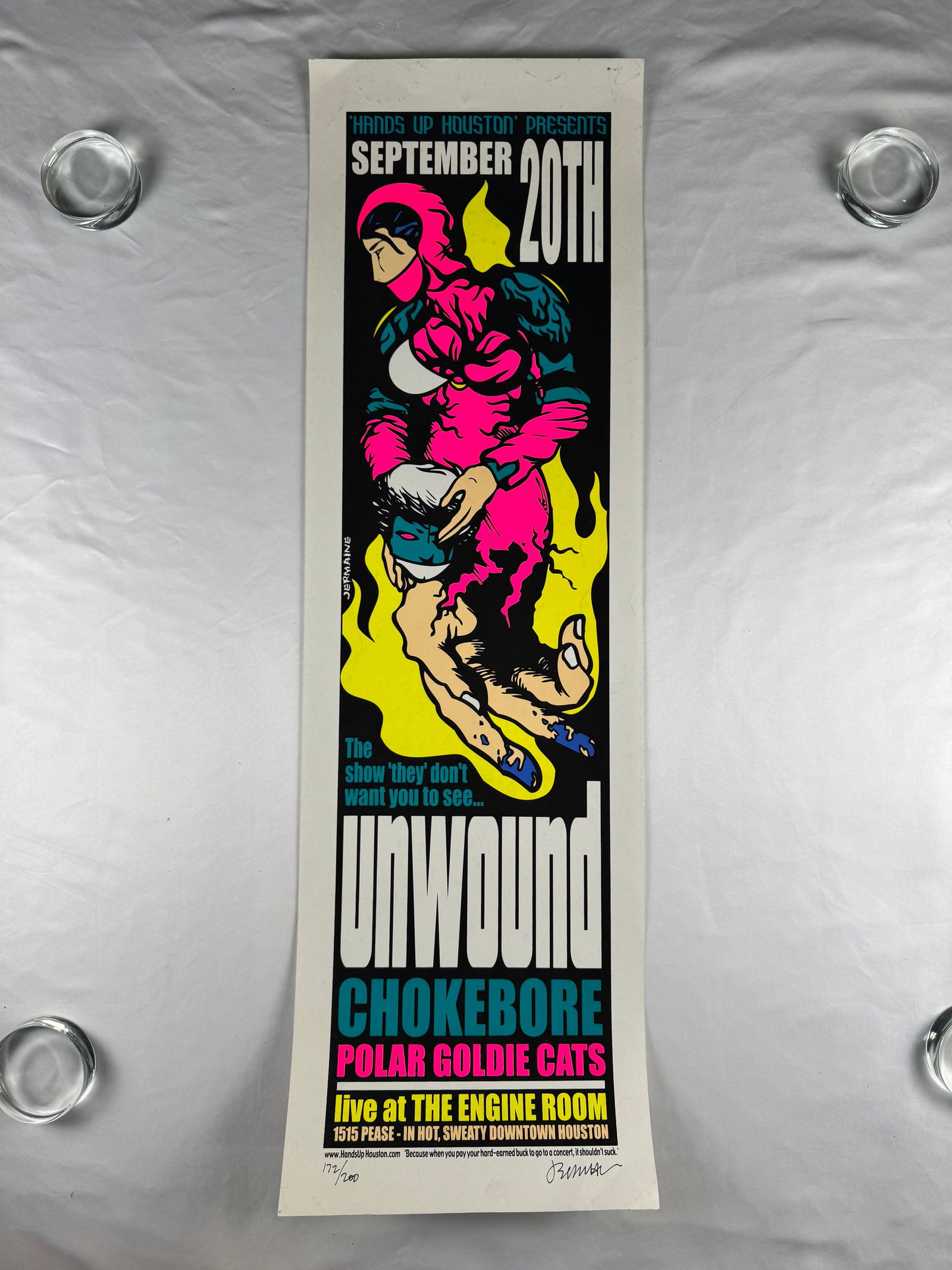 Unwound Chokebore Polar Goldie Cats Houston Poster 2000: Concert poster for Unwound with Chokebore and Polar Goldie Cats. Event held September 20, 2000, at The Engine Room, Houston, Texas.