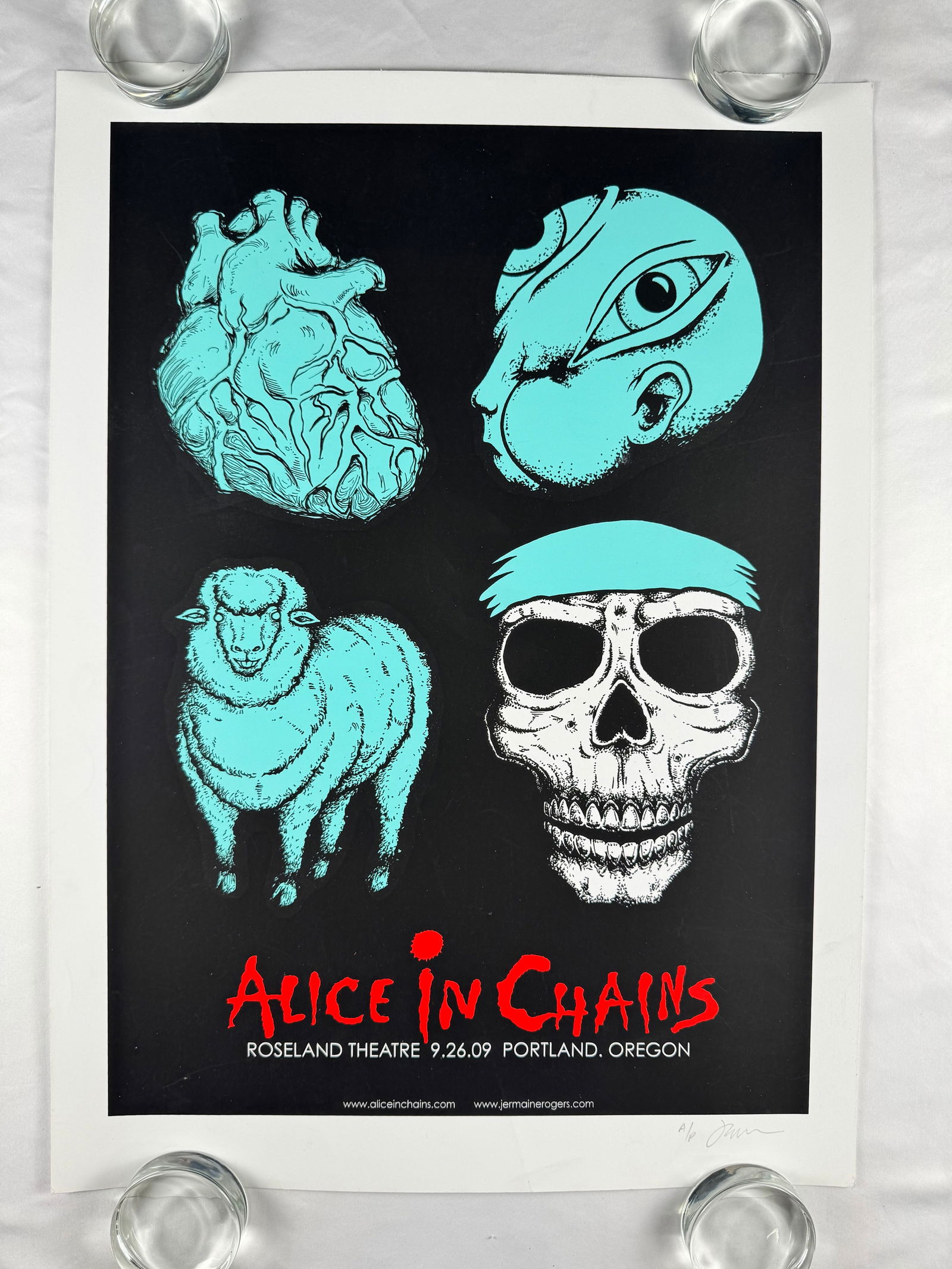 Alice in Chains Roseland Theatre Concert Poster 2009 Signed by Jermaine Rogers: Limited edition concert poster for Alice in Chains. Event held September 26, 2009, at Roseland Theatre, Portland, Oregon.