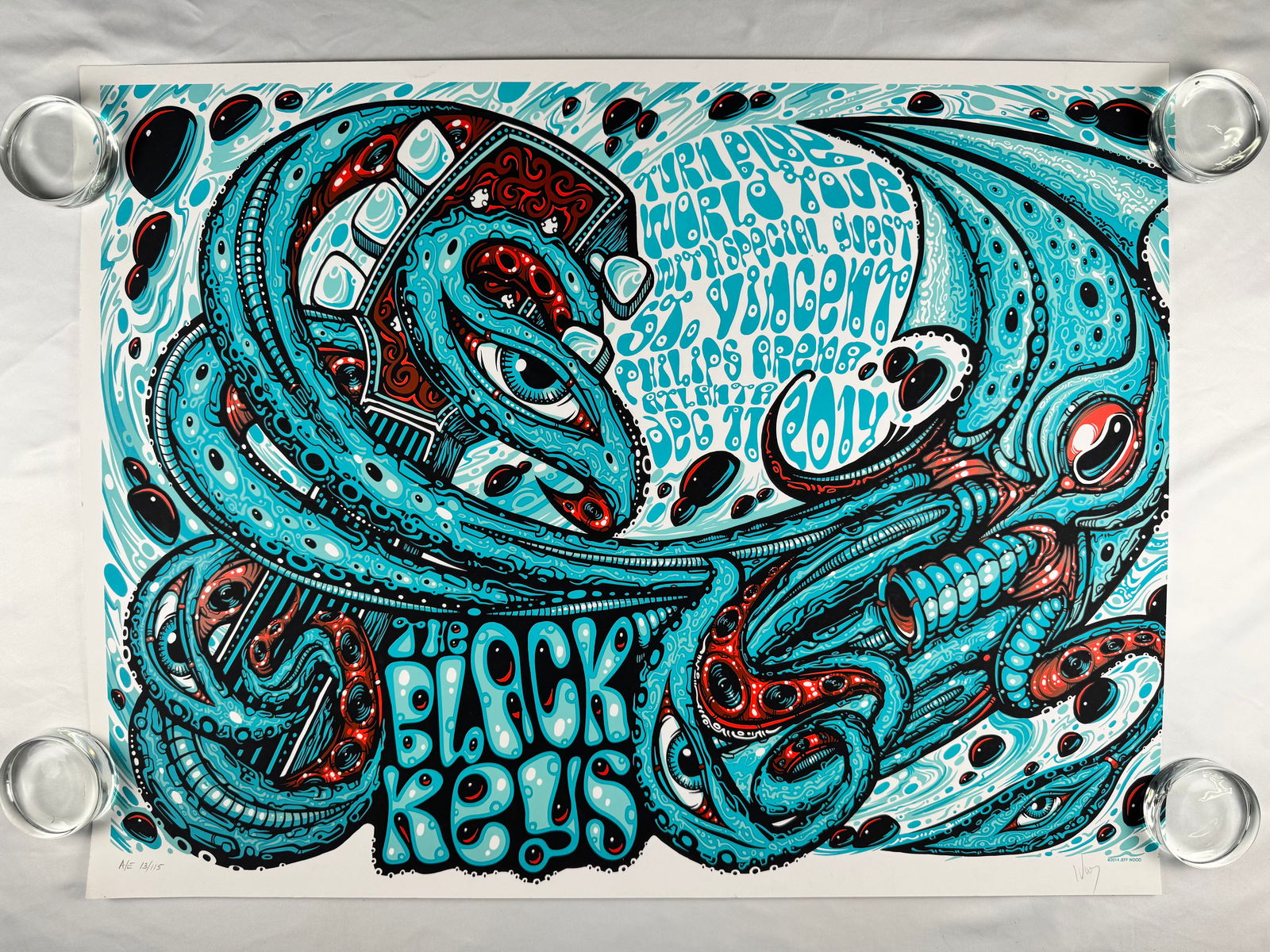 The Black Keys European Tour Concert Poster 2019 Signed by Jeff Wood: Limited edition concert poster for The Black Keys European tour. Hand numbered and signed by the artist.
