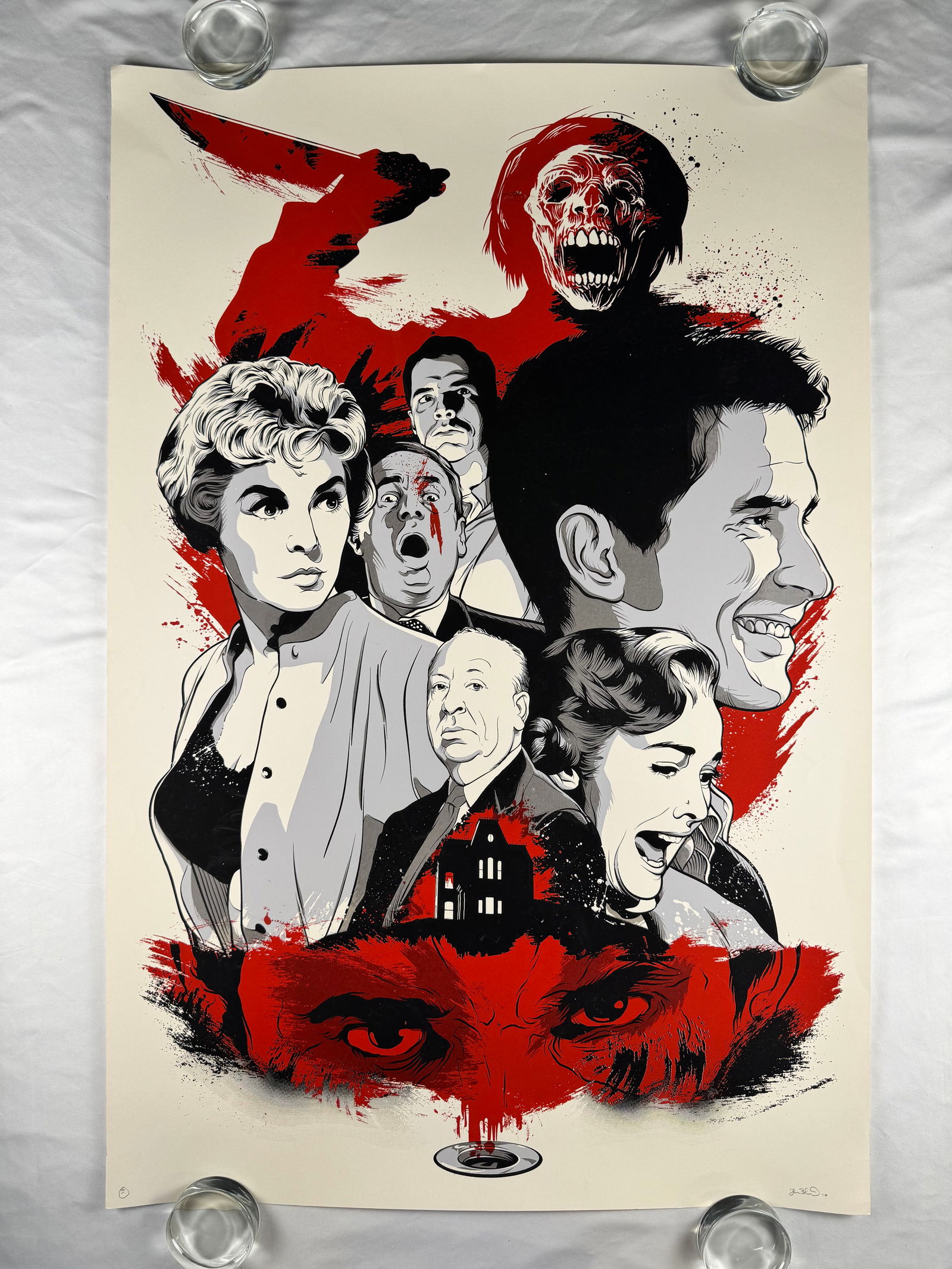 OH GOD, MOTHER! BLOOD! BLOOD! by Joshua Budich Psycho Film Collage Screen Print Signed: Limited edition screen print featuring characters and imagery from Alfred Hitchcock films. Hand signed at the lower right.